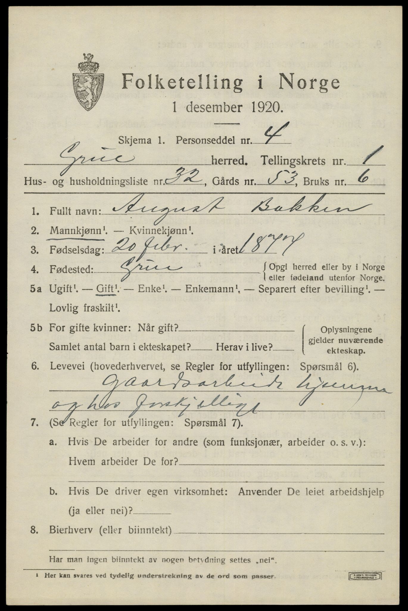 SAH, 1920 census for Grue, 1920, p. 2837