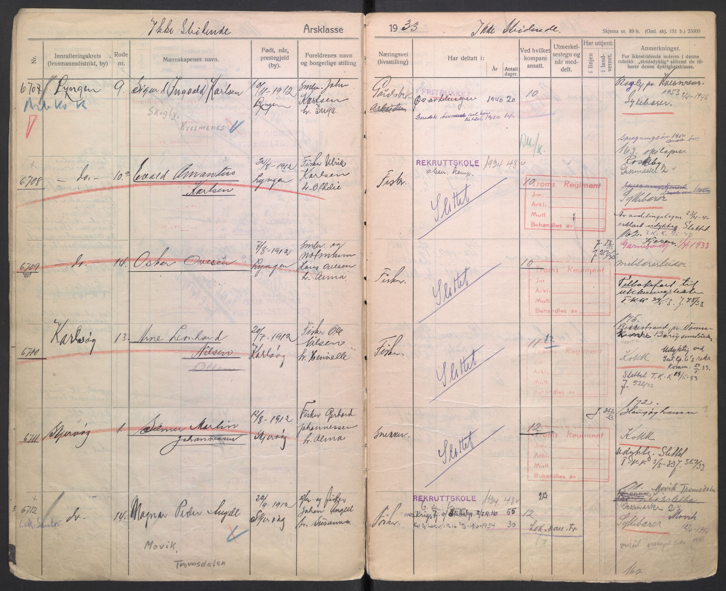 Forsvaret, Troms infanteriregiment nr. 16, AV/RA-RAFA-3146/P/Pa/L0006/0006: Ruller / Rulle for Lyngen bataljons menige mannskaper, årsklasse 1933, 1933