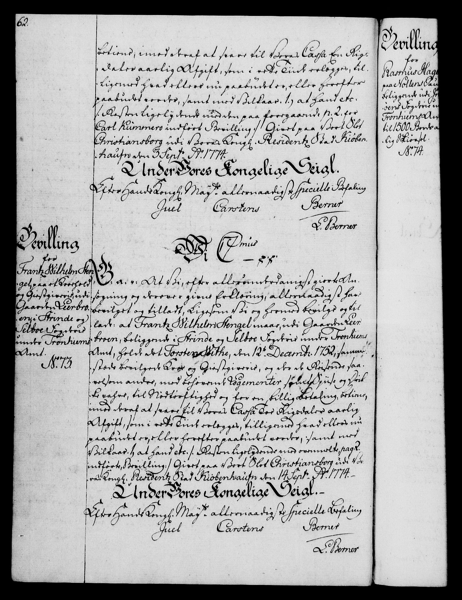 Rentekammeret, Kammerkanselliet, AV/RA-EA-3111/G/Gg/Gga/L0010: Norsk ekspedisjonsprotokoll med register (merket RK 53.10), 1773-1778, p. 62