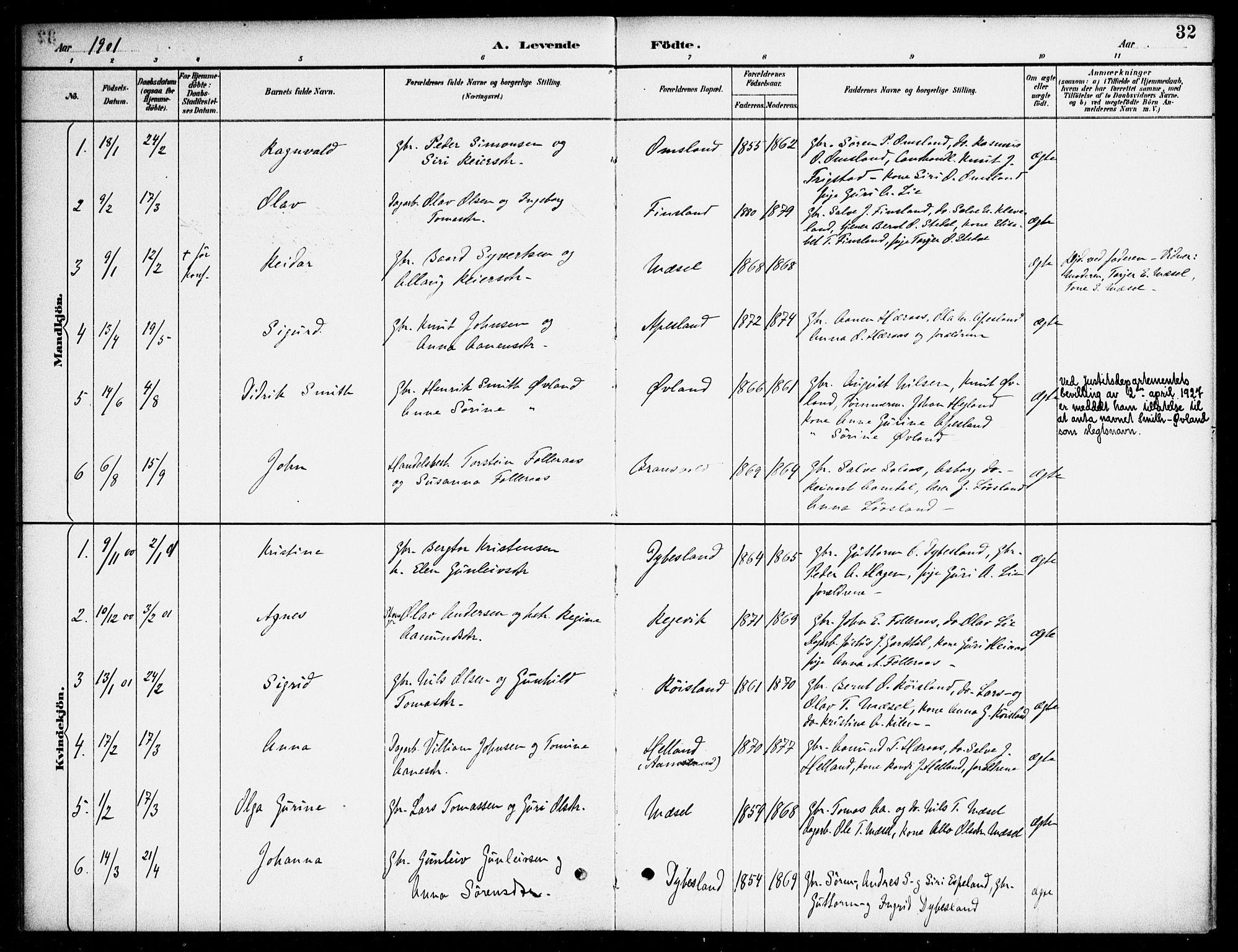 Bjelland sokneprestkontor, AV/SAK-1111-0005/F/Fa/Fab/L0004: Parish register (official) no. A 4, 1887-1920, p. 32