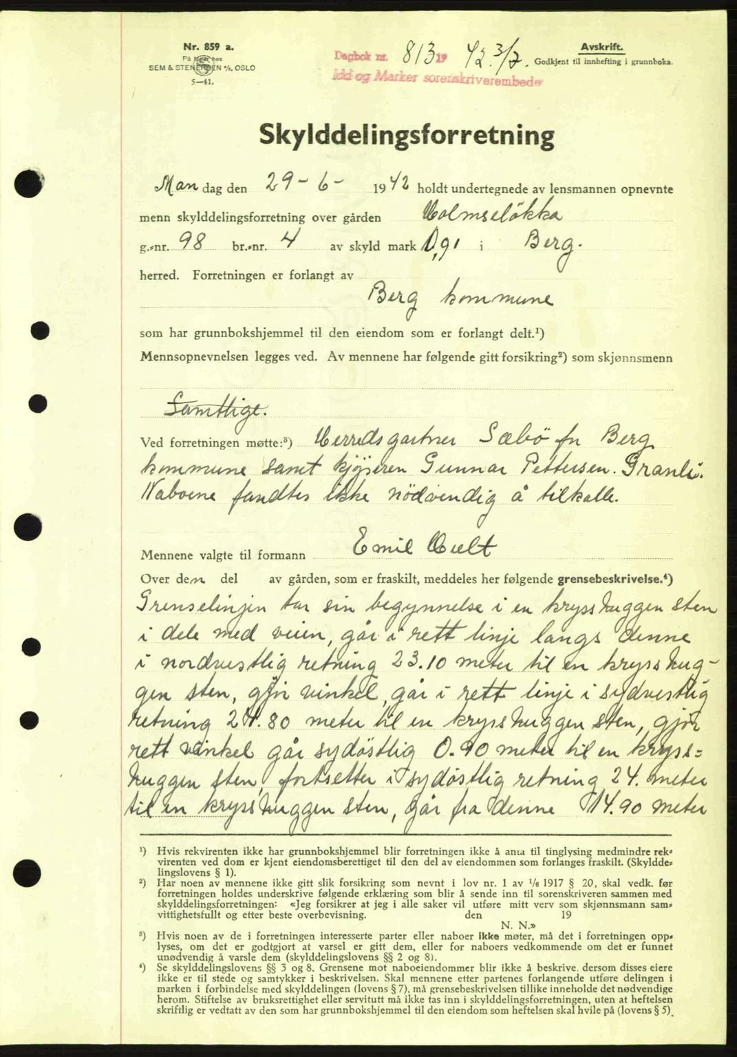 Idd og Marker sorenskriveri, AV/SAO-A-10283/G/Gb/Gbb/L0005: Mortgage book no. A5, 1941-1943, Diary no: : 813/1942