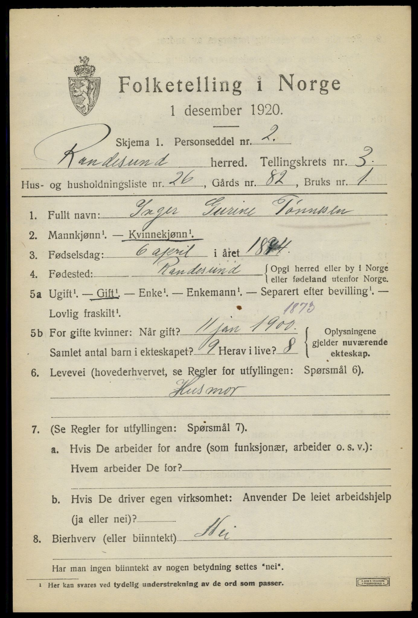 SAK, 1920 census for Randesund, 1920, p. 1742
