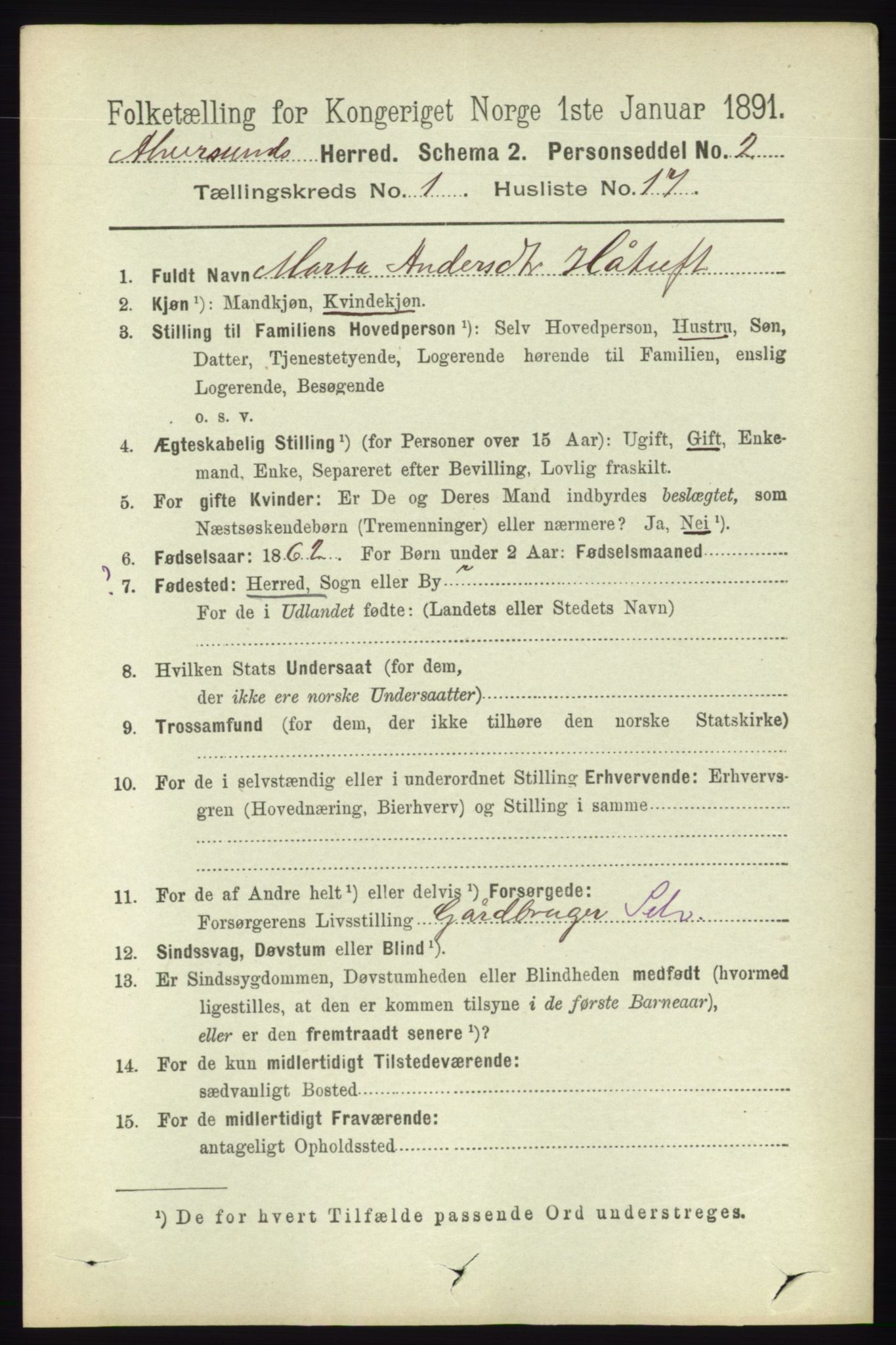 RA, 1891 census for 1257 Alversund, 1891, p. 174