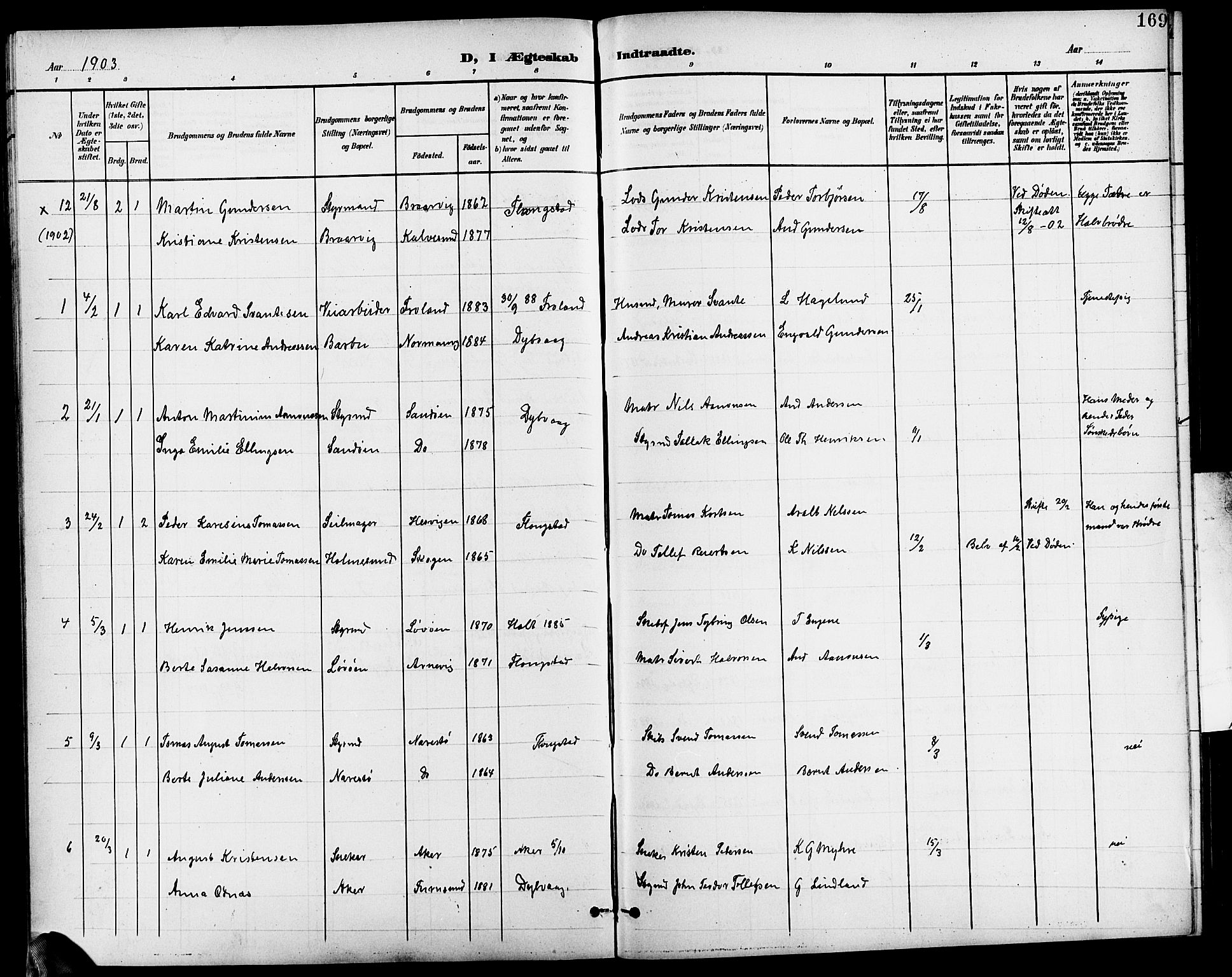 Dypvåg sokneprestkontor, AV/SAK-1111-0007/F/Fb/Fba/L0014: Parish register (copy) no. B 14, 1901-1922, p. 169