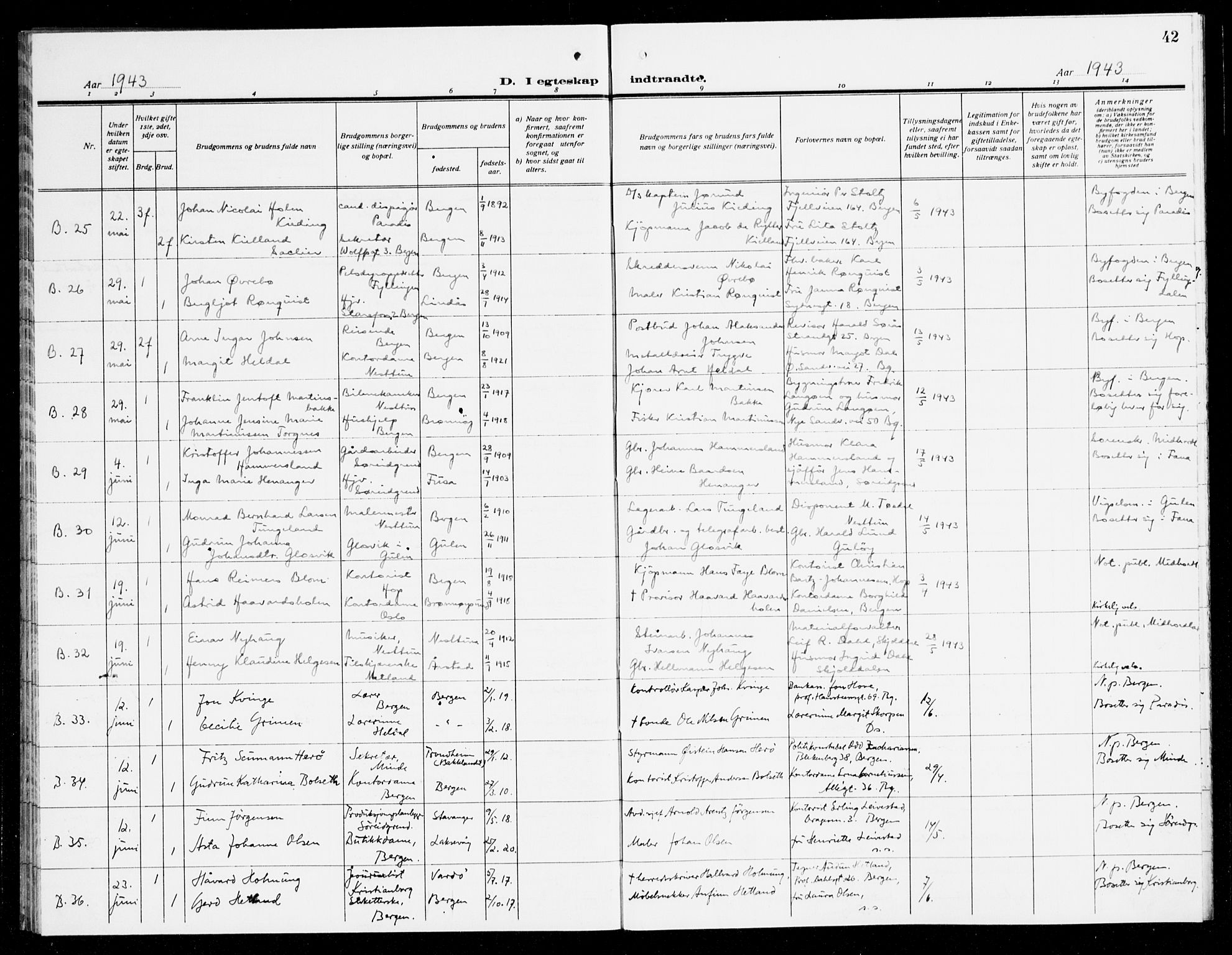 Fana Sokneprestembete, AV/SAB-A-75101/H/Haa/Haak/L0003: Parish register (official) no. K 3, 1938-1944, p. 42