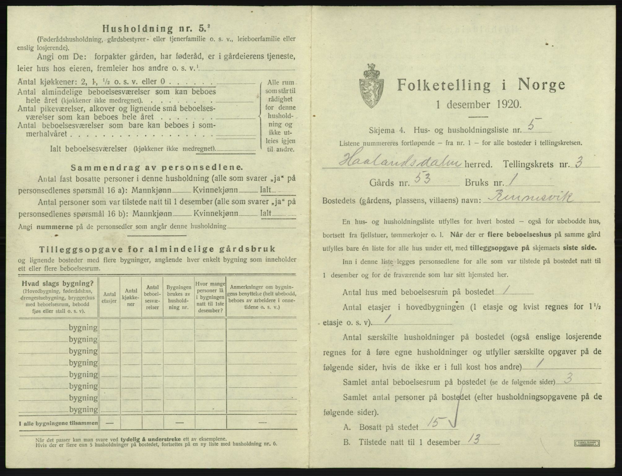 SAB, 1920 census for Hålandsdal, 1920, p. 103