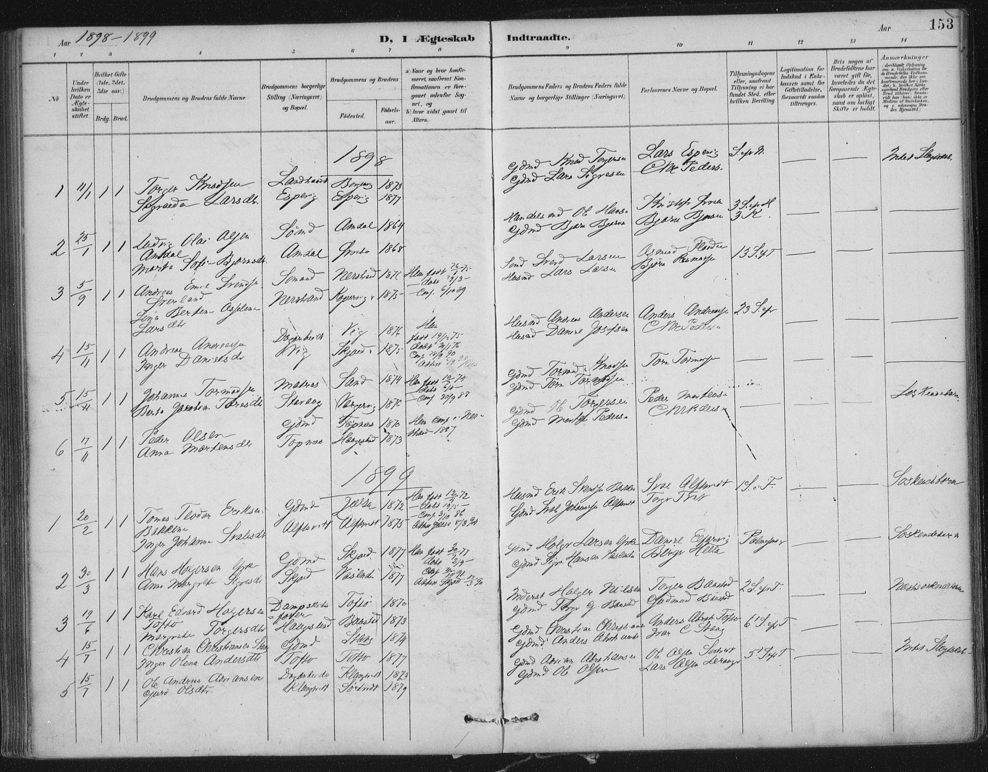 Nedstrand sokneprestkontor, SAST/A-101841/01/IV: Parish register (official) no. A 12, 1887-1915, p. 153