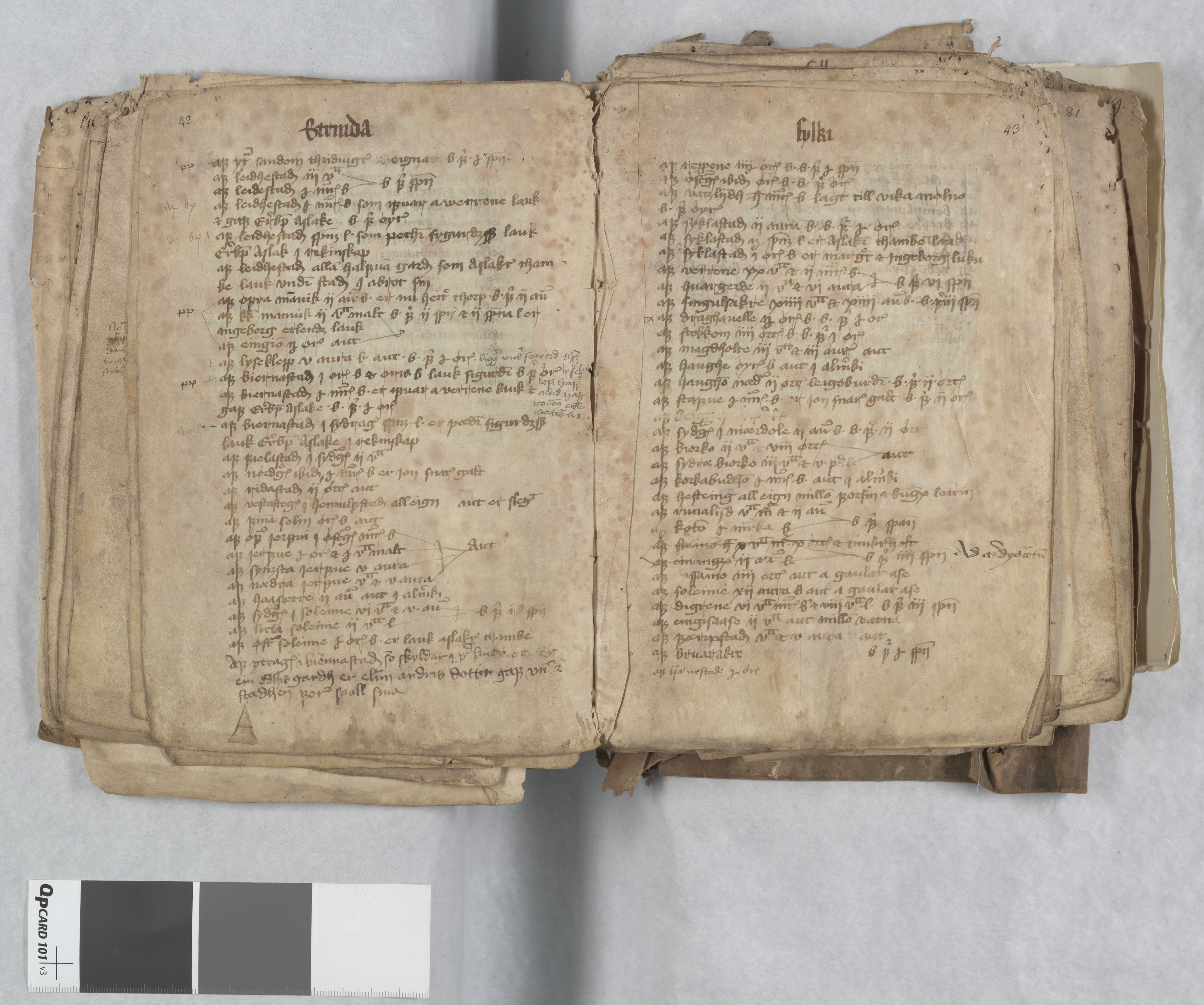 Riksarkivets diplomsamling, AV/RA-EA-5965/F13/F13c/L0001a/0001: NRA dipl. München papir, nr. 4292 Aslak Bolts jordebok. / 4292: Aslak Bolts jordebok, 1430-1439, p. 42-43