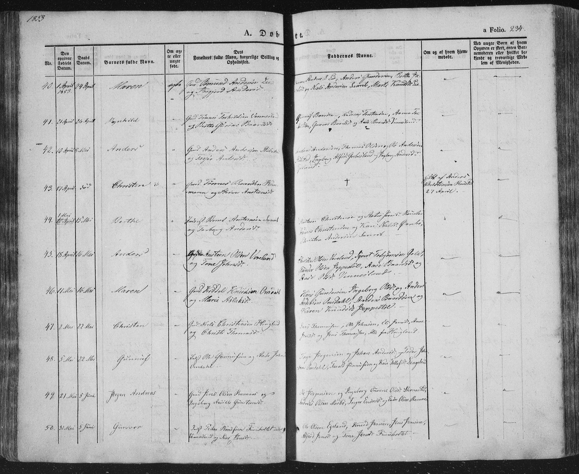 Vennesla sokneprestkontor, AV/SAK-1111-0045/Fa/Fac/L0004: Parish register (official) no. A 4, 1834-1855, p. 234