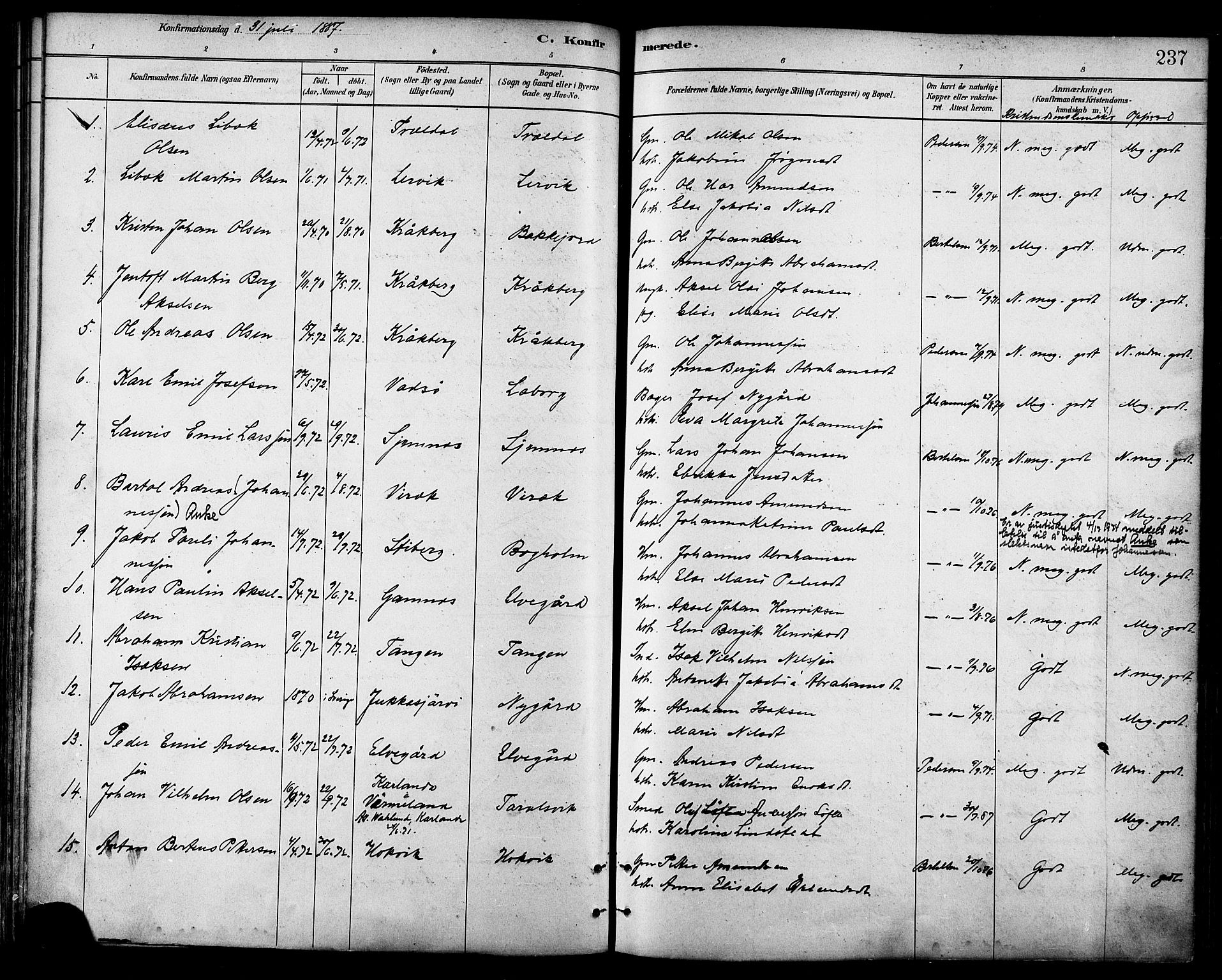 Ministerialprotokoller, klokkerbøker og fødselsregistre - Nordland, AV/SAT-A-1459/866/L0938: Parish register (official) no. 866A01, 1879-1893, p. 237