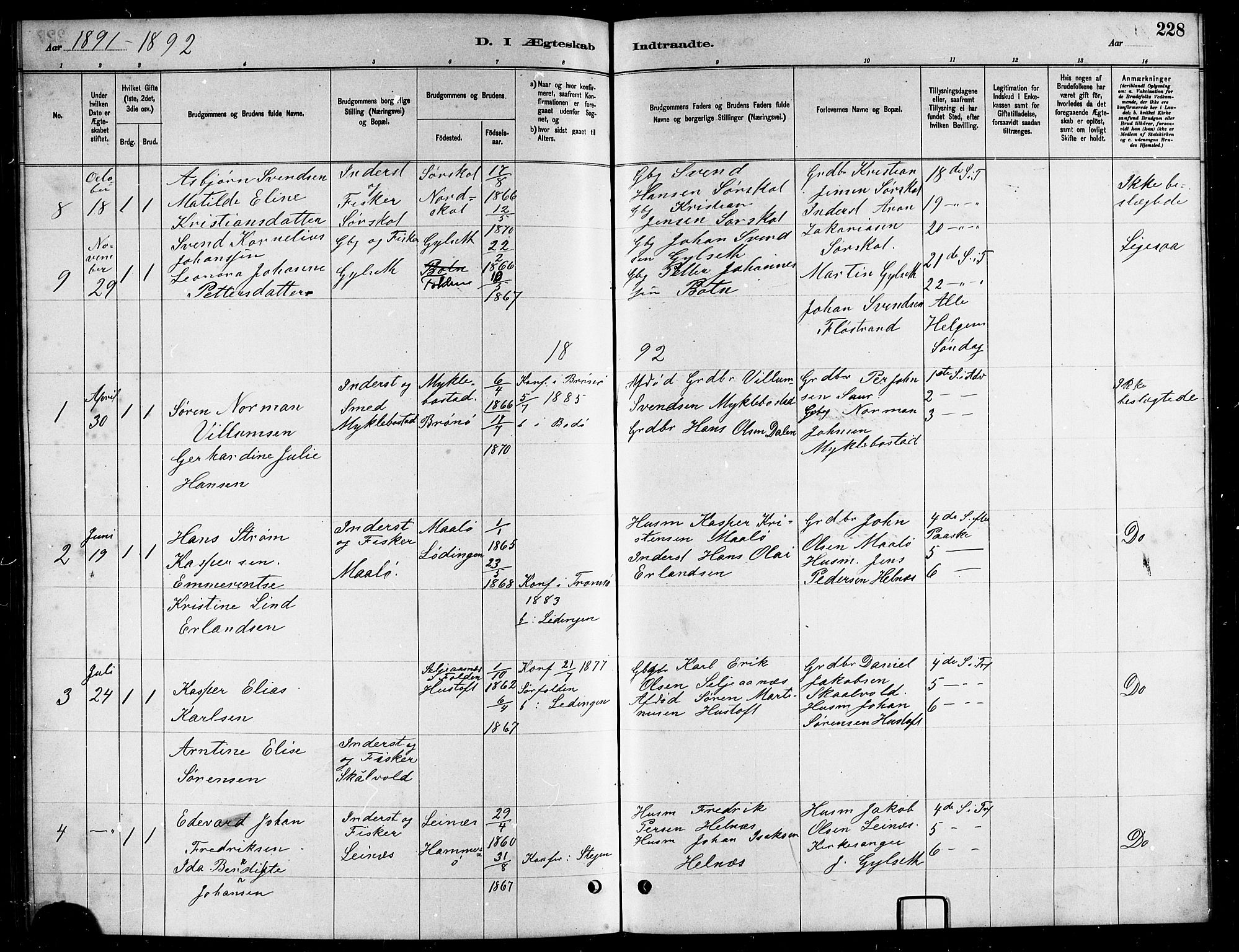 Ministerialprotokoller, klokkerbøker og fødselsregistre - Nordland, AV/SAT-A-1459/857/L0828: Parish register (copy) no. 857C03, 1879-1908, p. 228