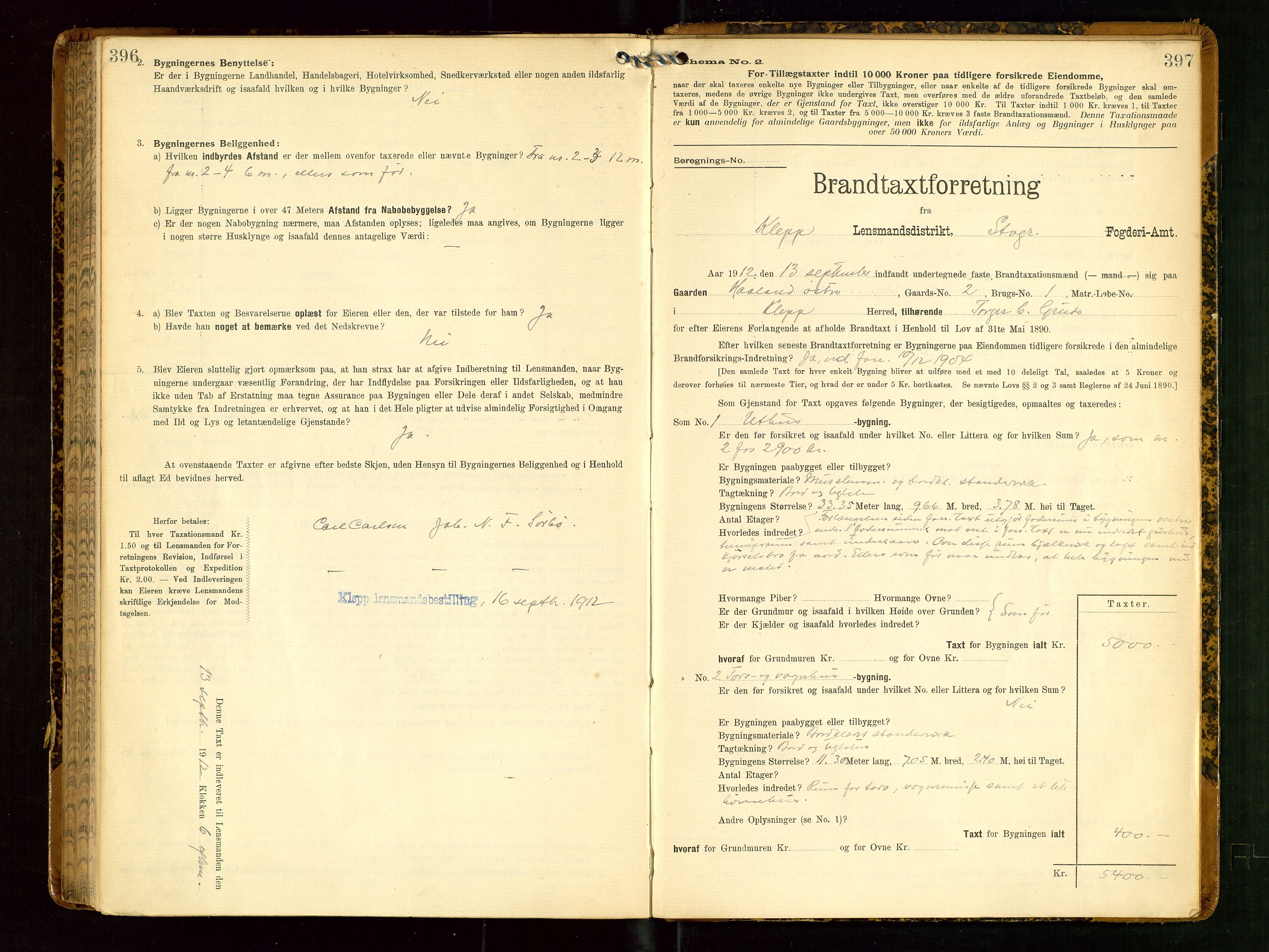 Klepp lensmannskontor, SAST/A-100163/Goc/L0006: "Brandtaxationsprotokol" m/register, 1908-1912, p. 396-397