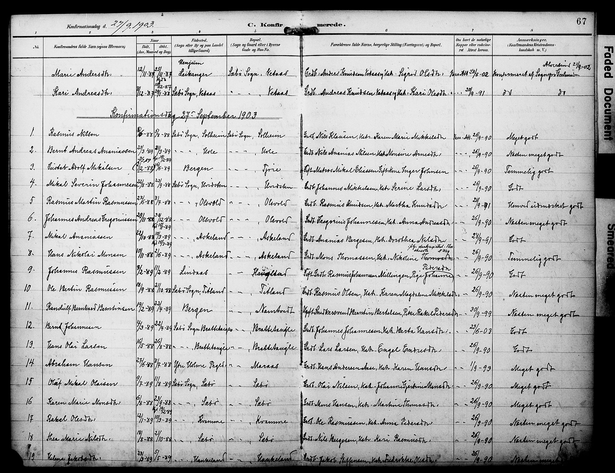 Manger sokneprestembete, AV/SAB-A-76801/H/Haa: Parish register (official) no. D 2, 1894-1908, p. 67