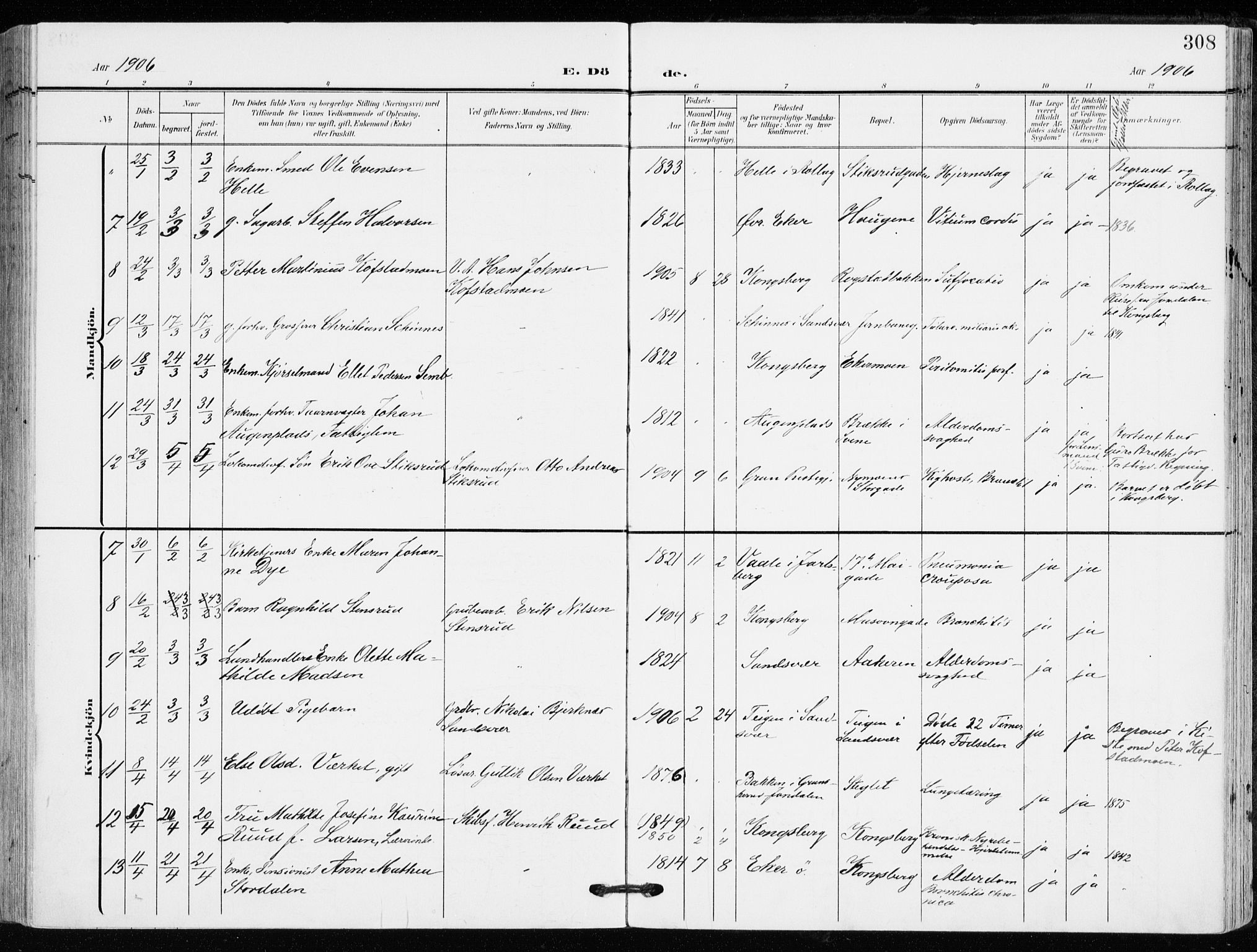 Kongsberg kirkebøker, AV/SAKO-A-22/F/Fb/L0004: Parish register (official) no. II 4, 1906-1918, p. 308