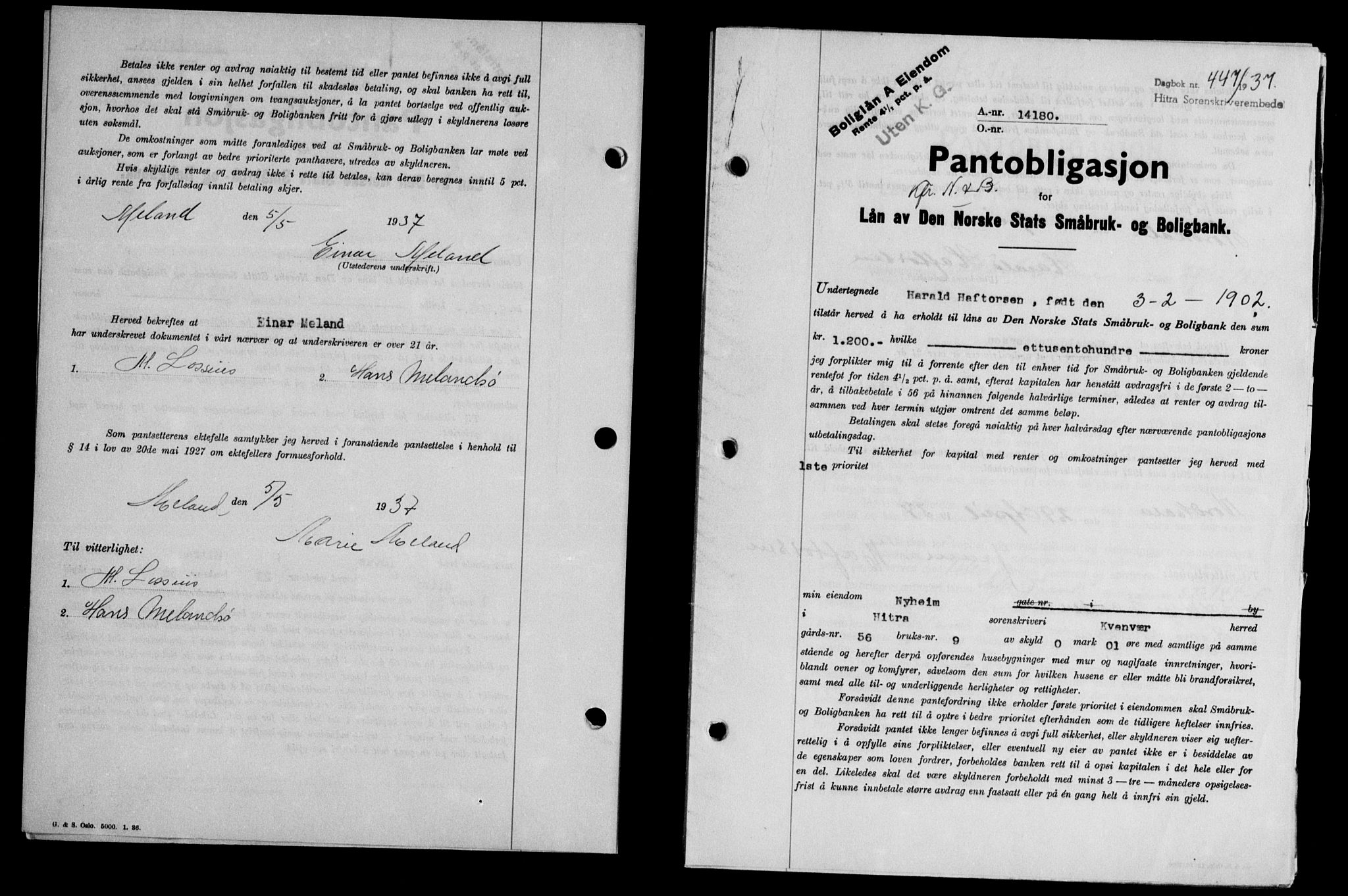Hitra sorenskriveri, AV/SAT-A-0018/2/2C/2Ca/L0028: Mortgage book no. B-1, 1936-1939, Diary no: : 449/1937