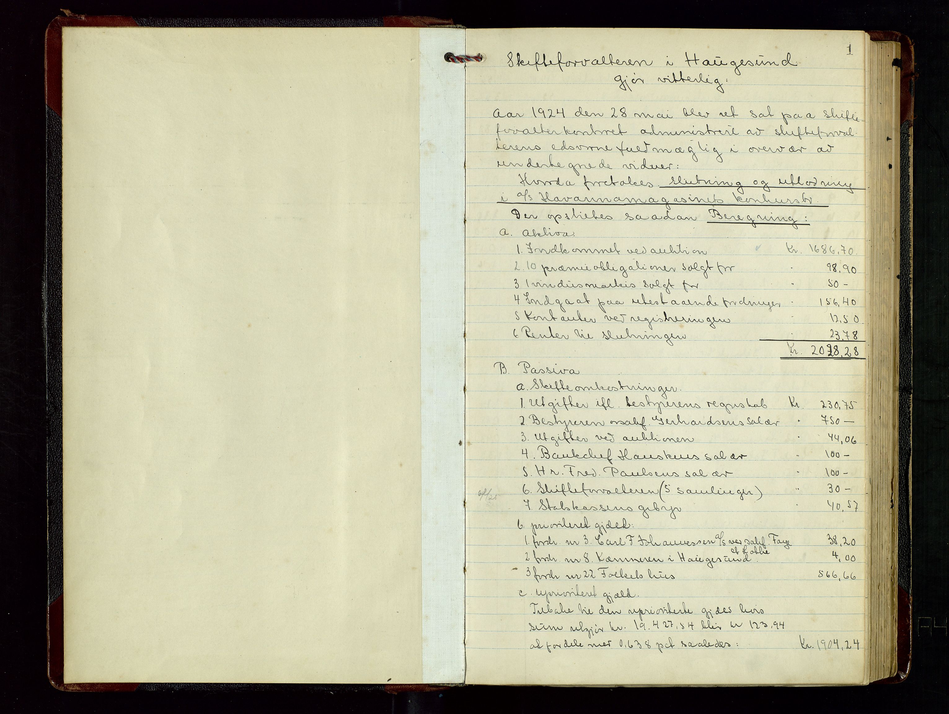 Haugesund tingrett, AV/SAST-A-101415/01/IV/IVD/L0004: Skifteutlodningsprotokoll, med register, 1924-1931, p. 1