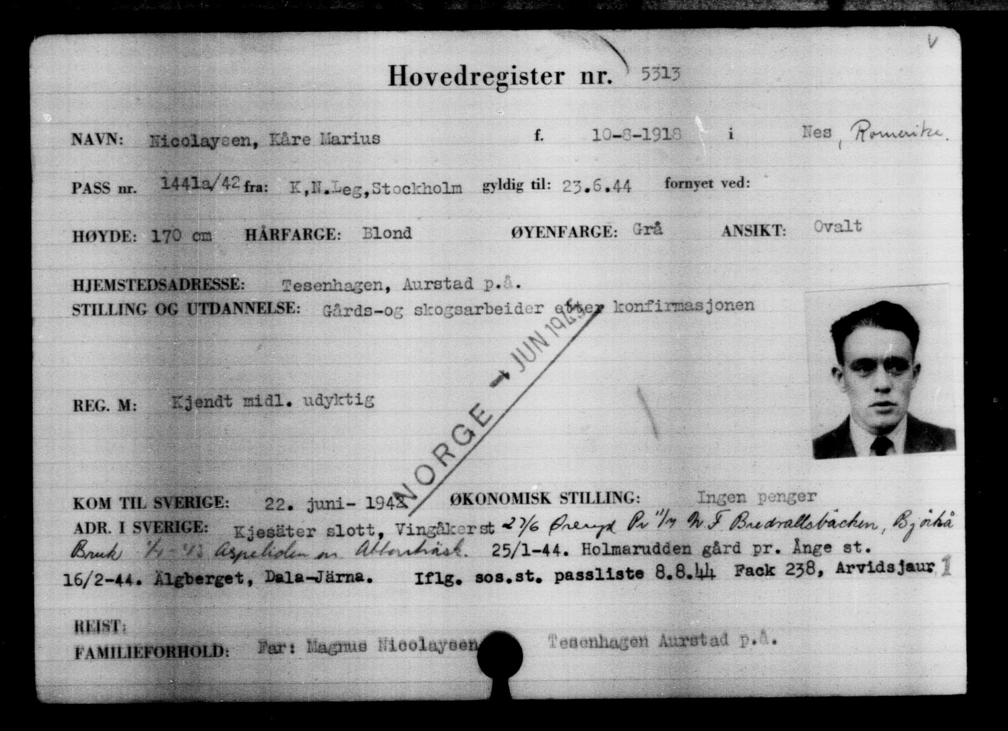 Utenriksstasjonene, Legasjonen i Stockholm, Flyktningkontoret, AV/RA-S-6753/V/Va/L0004: Kjesäterkartoteket, flyktninger med registreringsnr. 3496-6610, 1940-1945, p. 2095