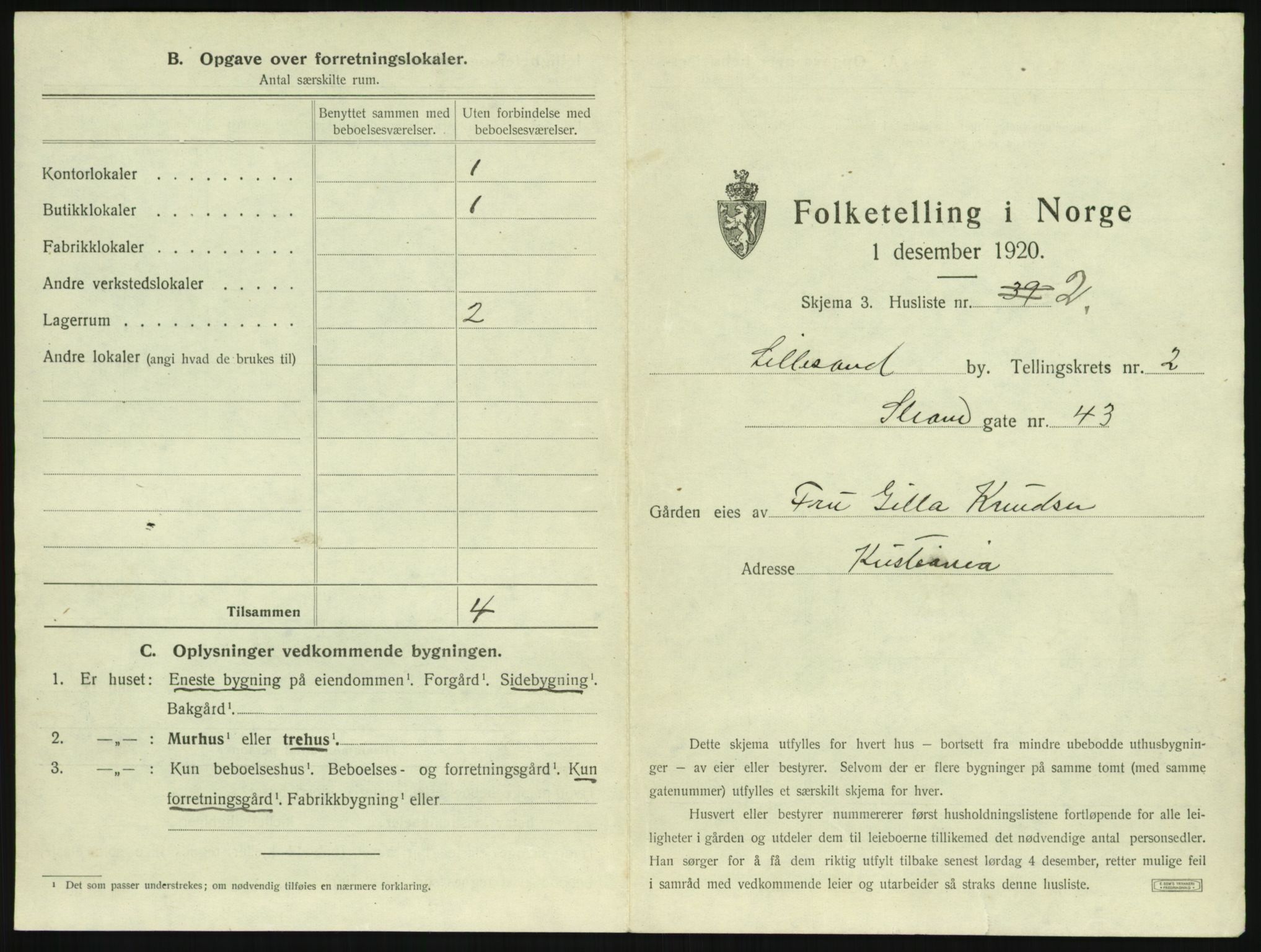 SAK, 1920 census for Lillesand, 1920, p. 227