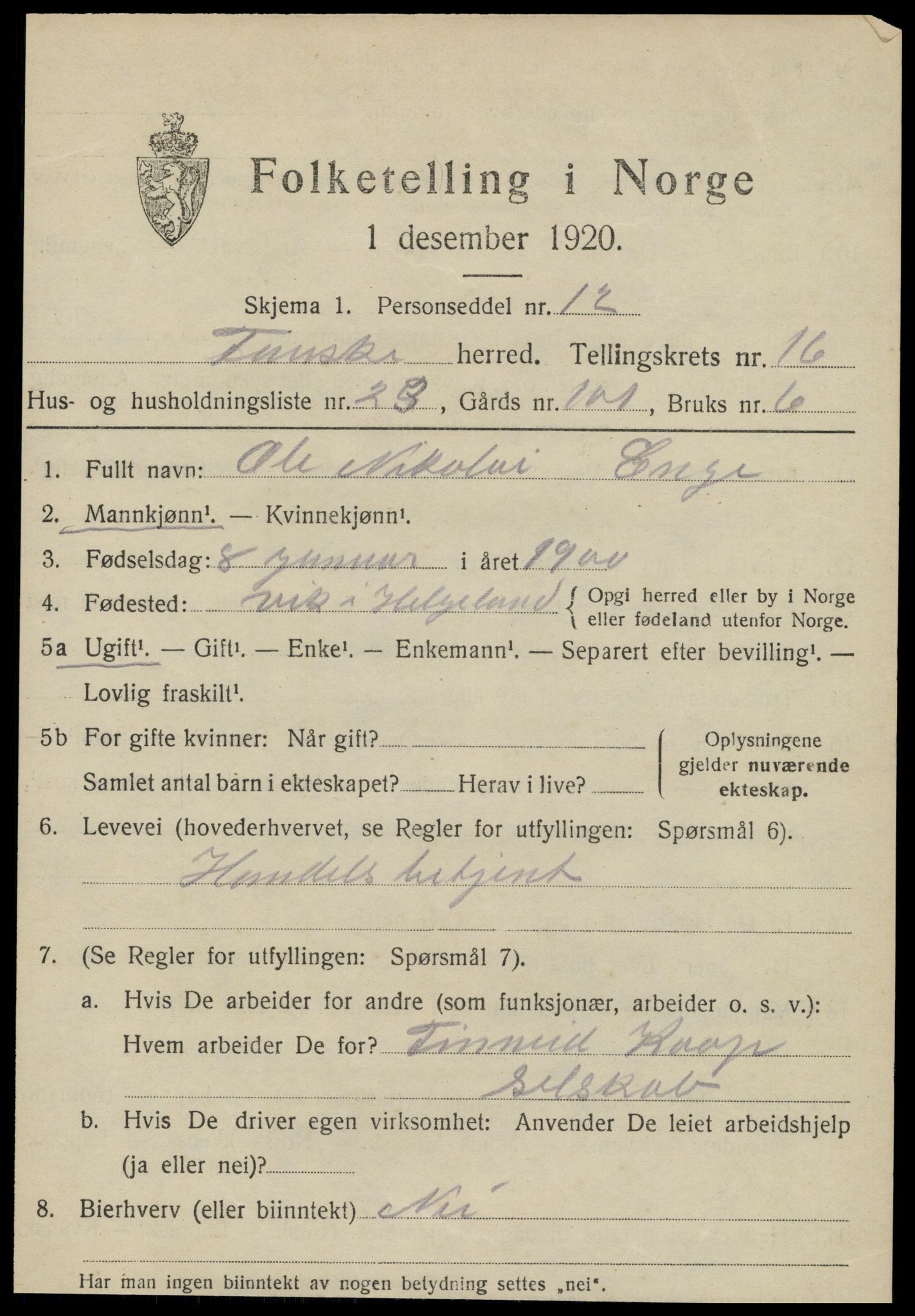 SAT, 1920 census for Fauske, 1920, p. 10092