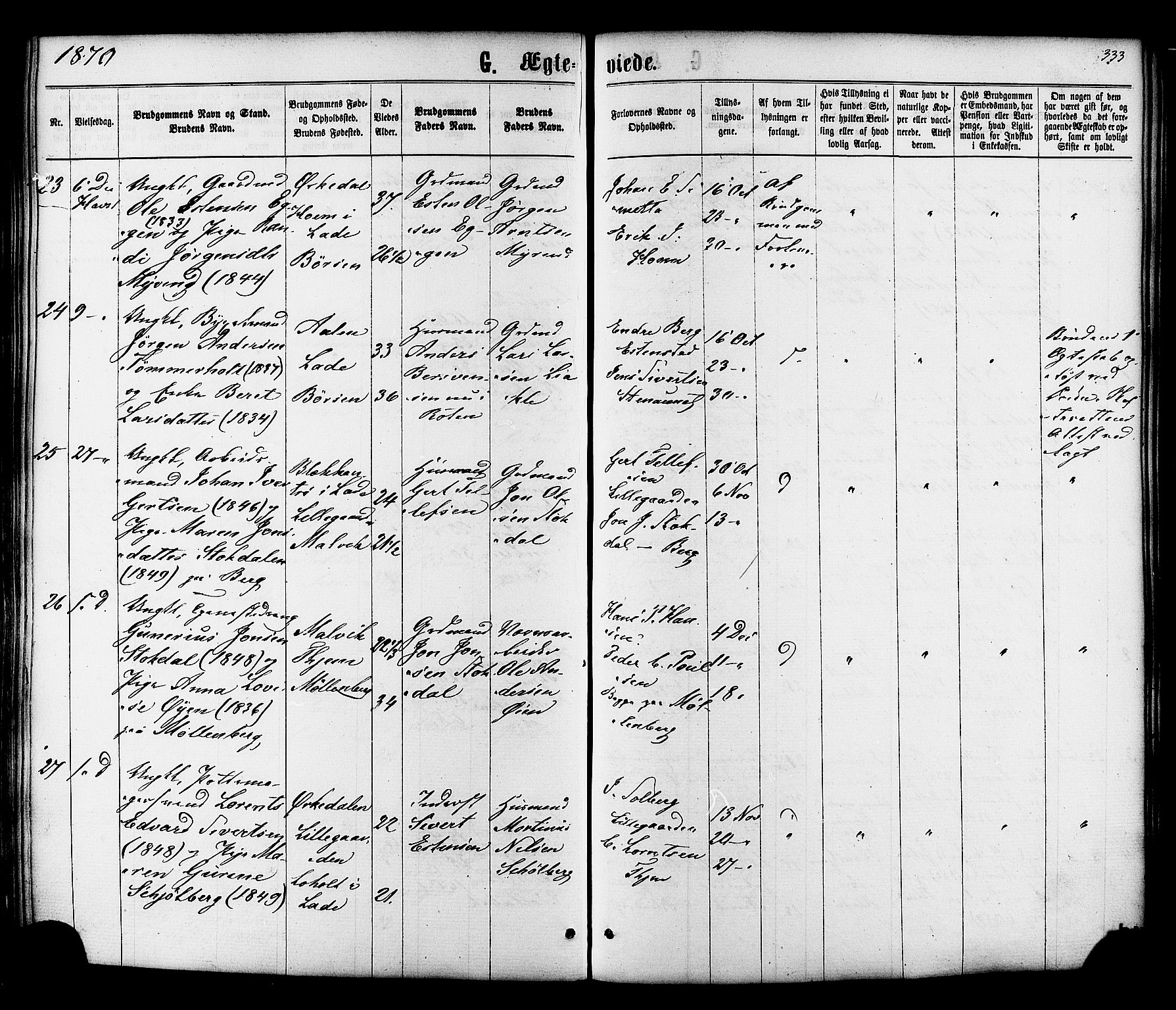 Ministerialprotokoller, klokkerbøker og fødselsregistre - Sør-Trøndelag, SAT/A-1456/606/L0293: Parish register (official) no. 606A08, 1866-1877, p. 333