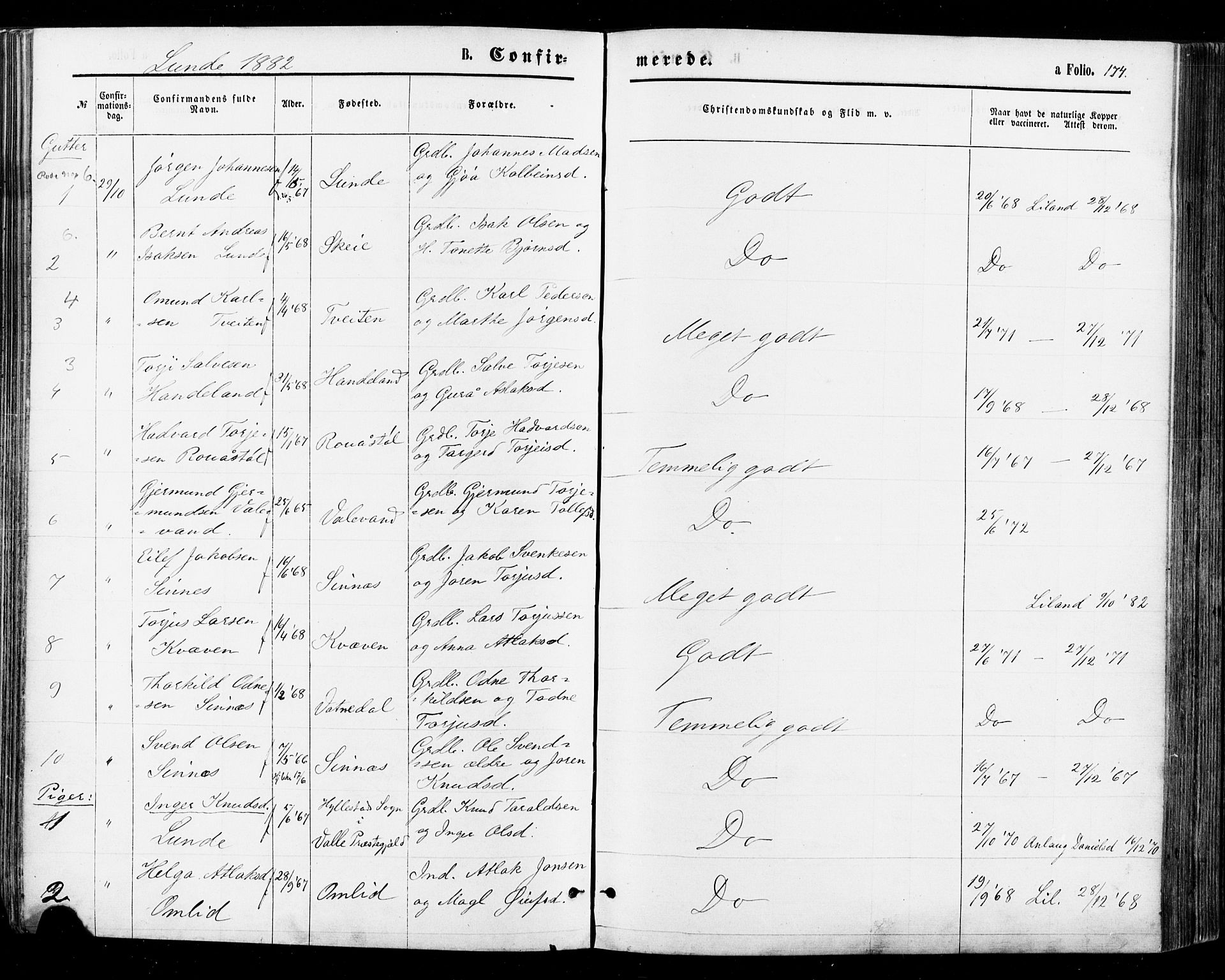 Sirdal sokneprestkontor, AV/SAK-1111-0036/F/Fa/Fab/L0003: Parish register (official) no. A 3, 1874-1886, p. 174