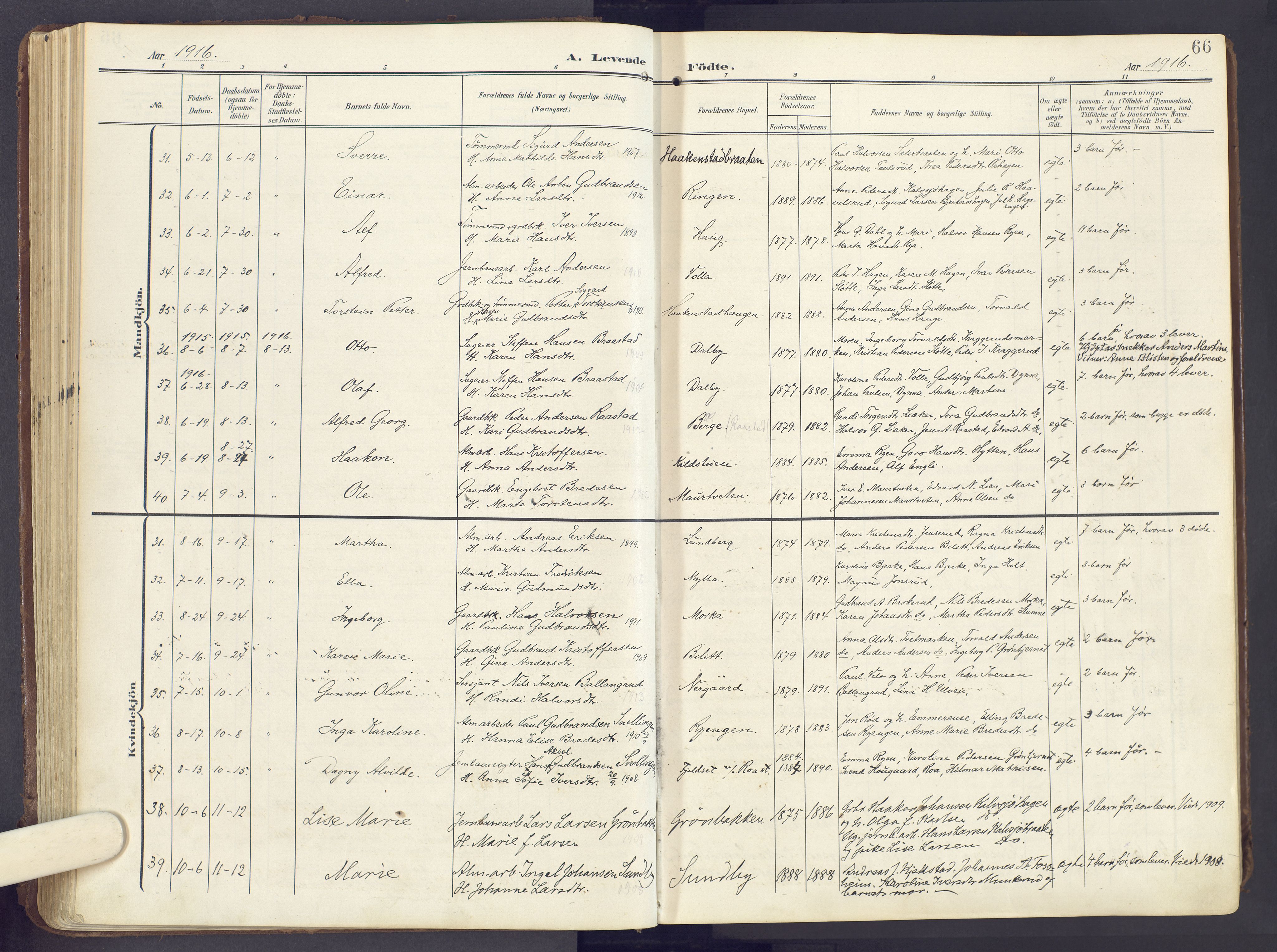 Lunner prestekontor, AV/SAH-PREST-118/H/Ha/Haa/L0001: Parish register (official) no. 1, 1907-1922, p. 66