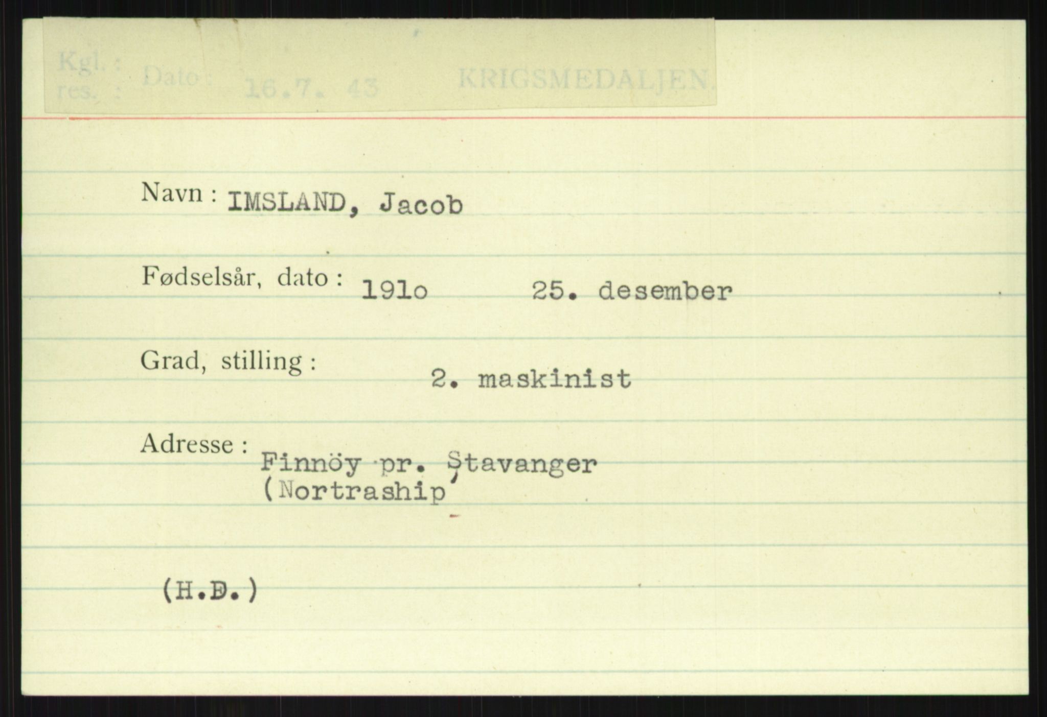 Direktoratet for sjømenn, AV/RA-S-3545/G/Gi/L0006: Kartotek over krigsdekorasjoner tildelt nordmenn under krigen, 1940-1945, p. 527