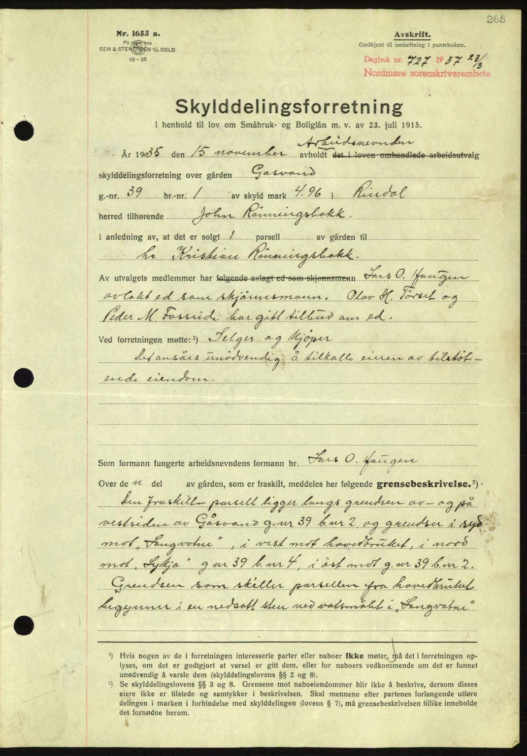 Nordmøre sorenskriveri, AV/SAT-A-4132/1/2/2Ca: Mortgage book no. A81, 1937-1937, Diary no: : 727/1937