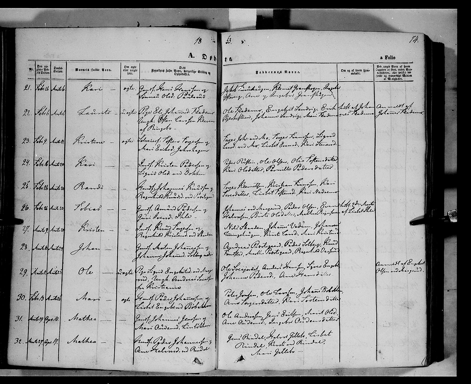 Øyer prestekontor, AV/SAH-PREST-084/H/Ha/Haa/L0005: Parish register (official) no. 5, 1842-1857, p. 74