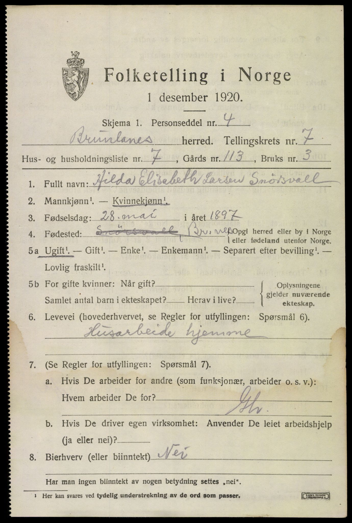 SAKO, 1920 census for Brunlanes, 1920, p. 7163