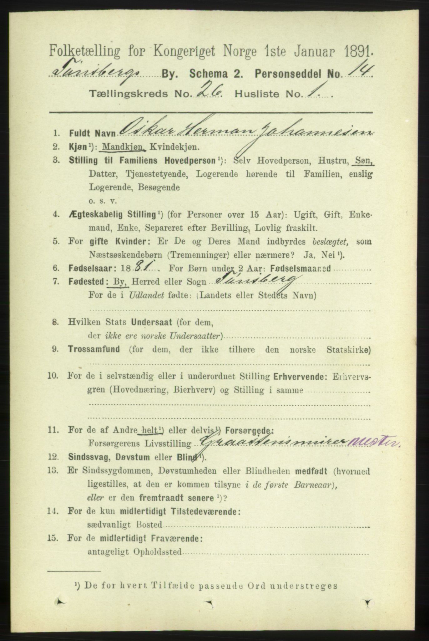 RA, 1891 census for 0705 Tønsberg, 1891, p. 6659