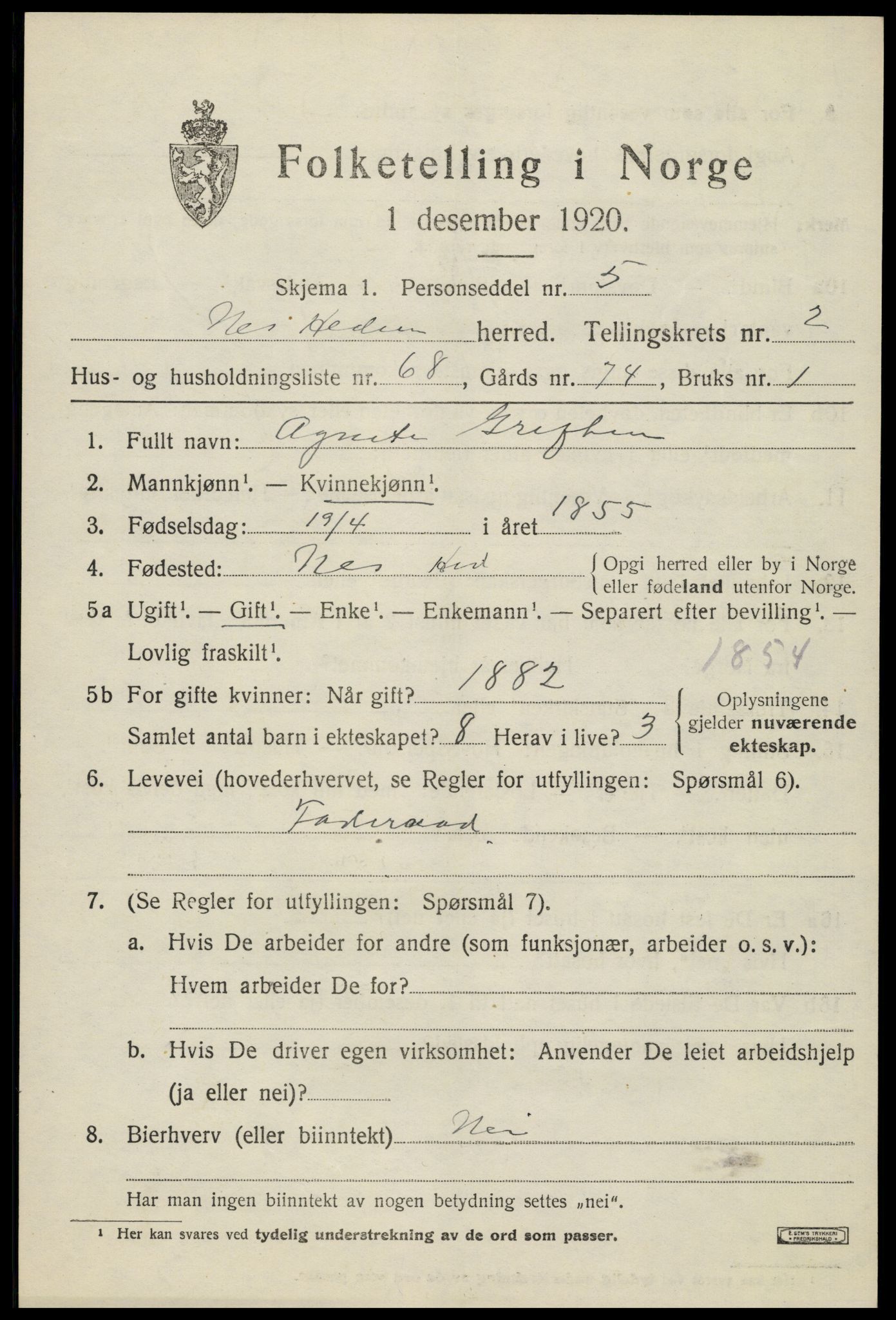 SAH, 1920 census for Nes (Hedmark), 1920, p. 3768