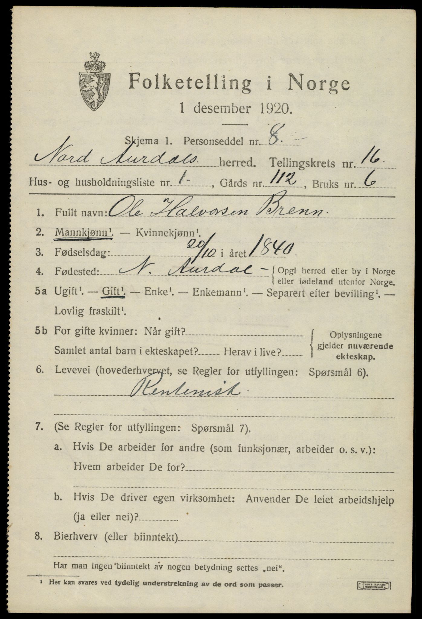 SAH, 1920 census for Nord-Aurdal, 1920, p. 11750
