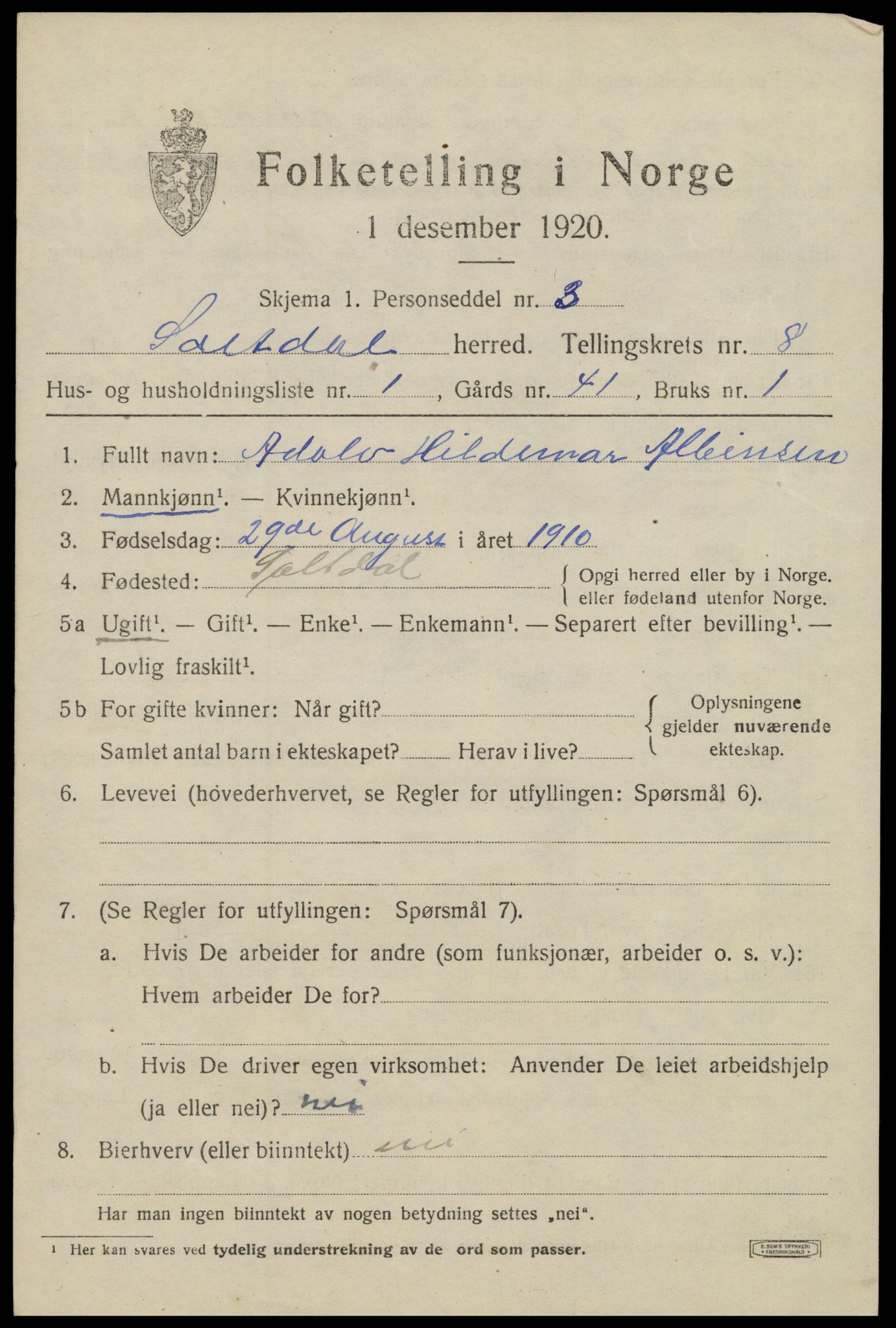 SAT, 1920 census for Saltdal, 1920, p. 8517