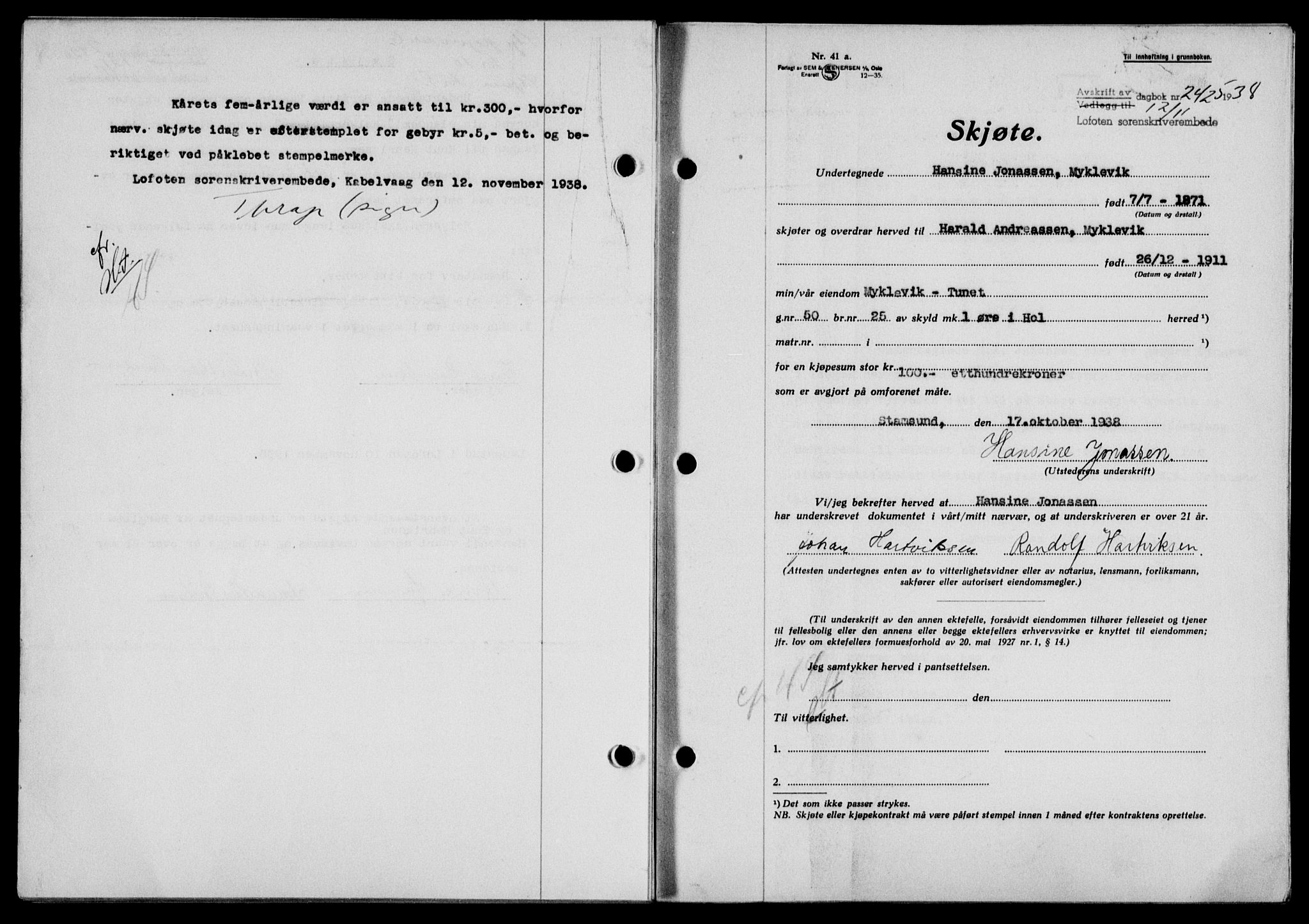 Lofoten sorenskriveri, SAT/A-0017/1/2/2C/L0004a: Mortgage book no. 4a, 1938-1938, Diary no: : 2425/1938