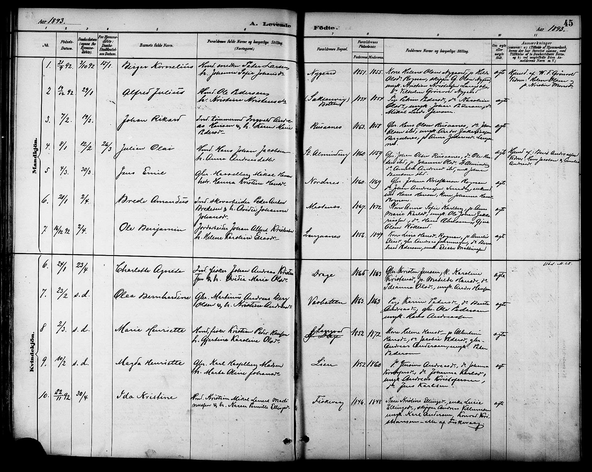 Ministerialprotokoller, klokkerbøker og fødselsregistre - Nordland, AV/SAT-A-1459/847/L0669: Parish register (official) no. 847A09, 1887-1901, p. 45