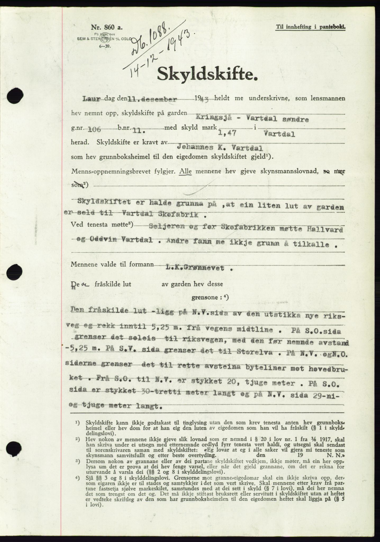 Søre Sunnmøre sorenskriveri, AV/SAT-A-4122/1/2/2C/L0075: Mortgage book no. 1A, 1943-1943, Diary no: : 1088/1943