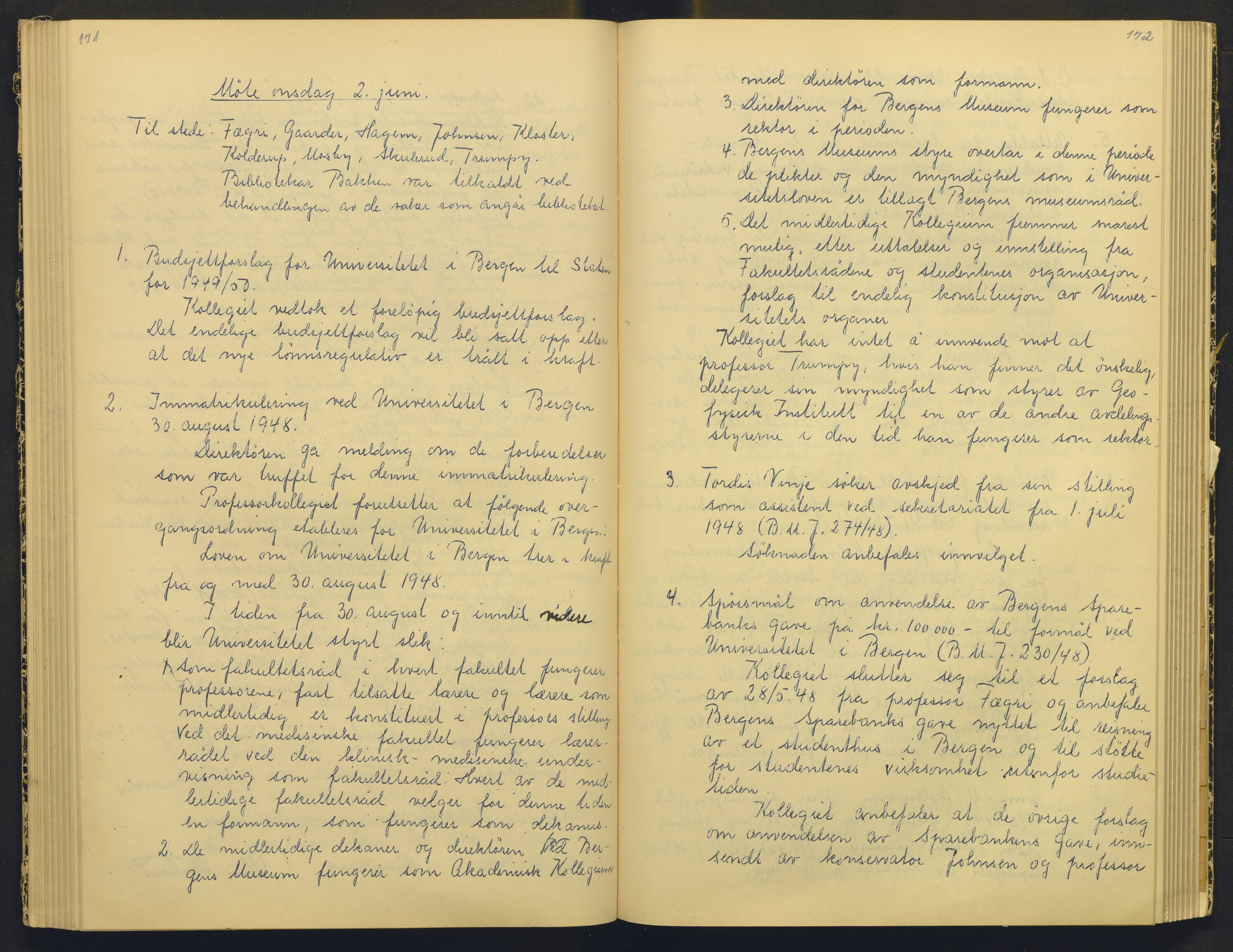 Bergens Museum, AV/SAB-A-17301/18/A/L0004: Professorkollegiets møtebok med register , 1945-1949, p. 171-172