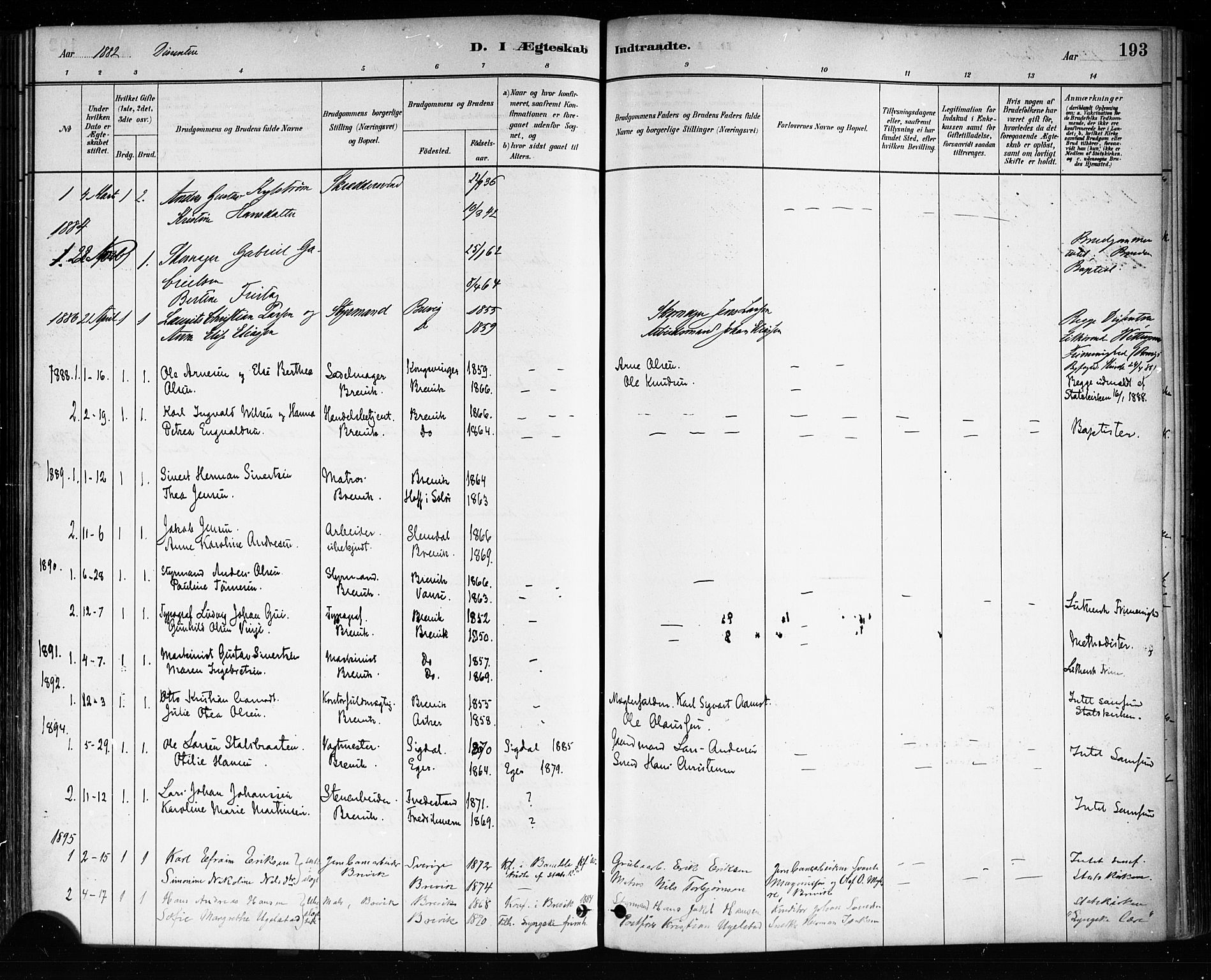 Brevik kirkebøker, SAKO/A-255/F/Fa/L0007: Parish register (official) no. 7, 1882-1900, p. 193