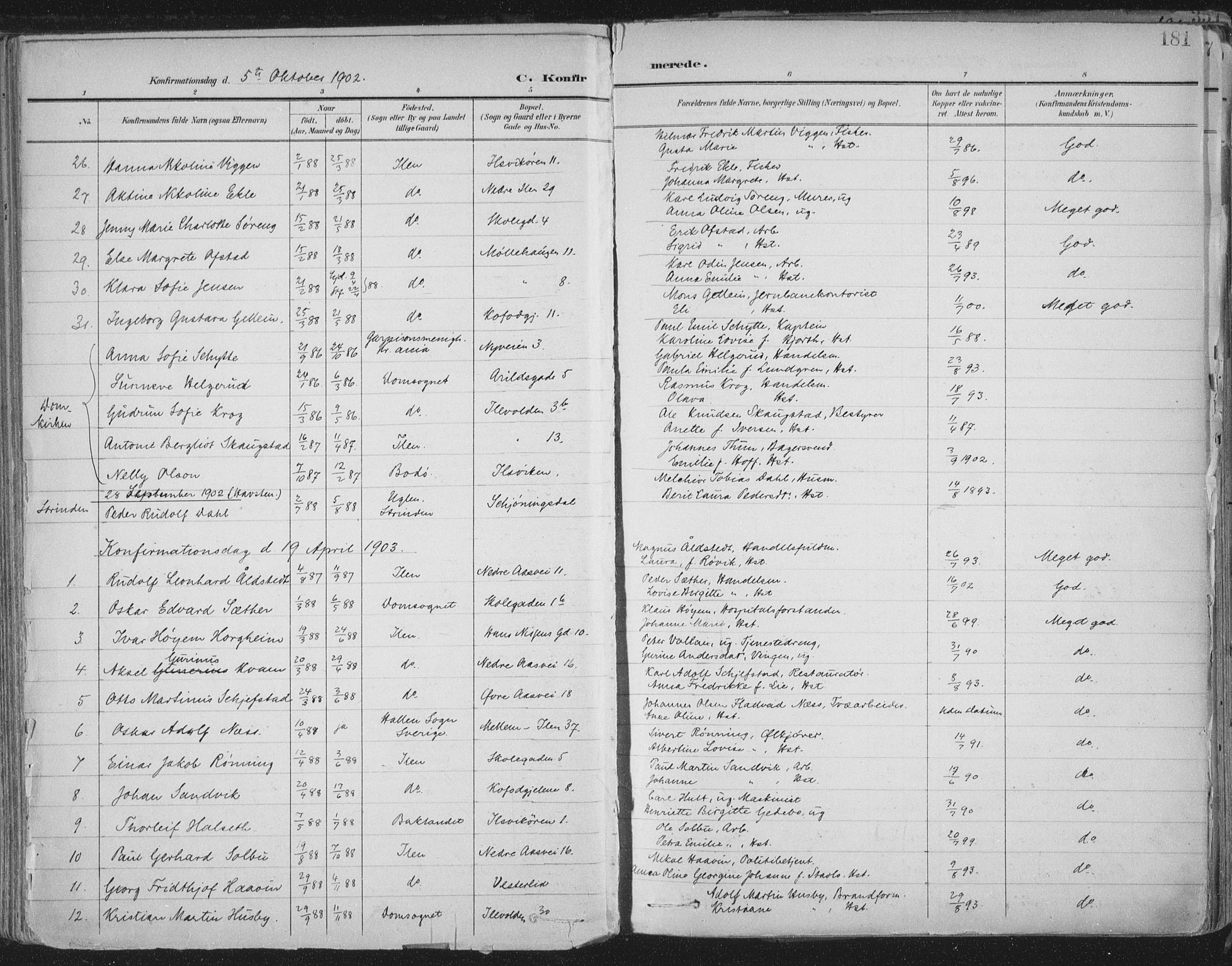 Ministerialprotokoller, klokkerbøker og fødselsregistre - Sør-Trøndelag, SAT/A-1456/603/L0167: Parish register (official) no. 603A06, 1896-1932, p. 181