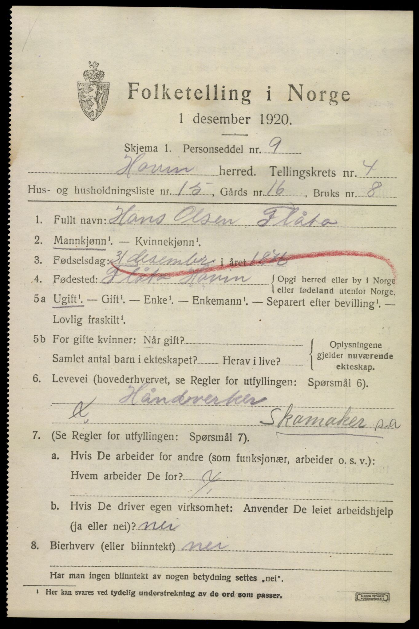 SAKO, 1920 census for Hovin, 1920, p. 1289