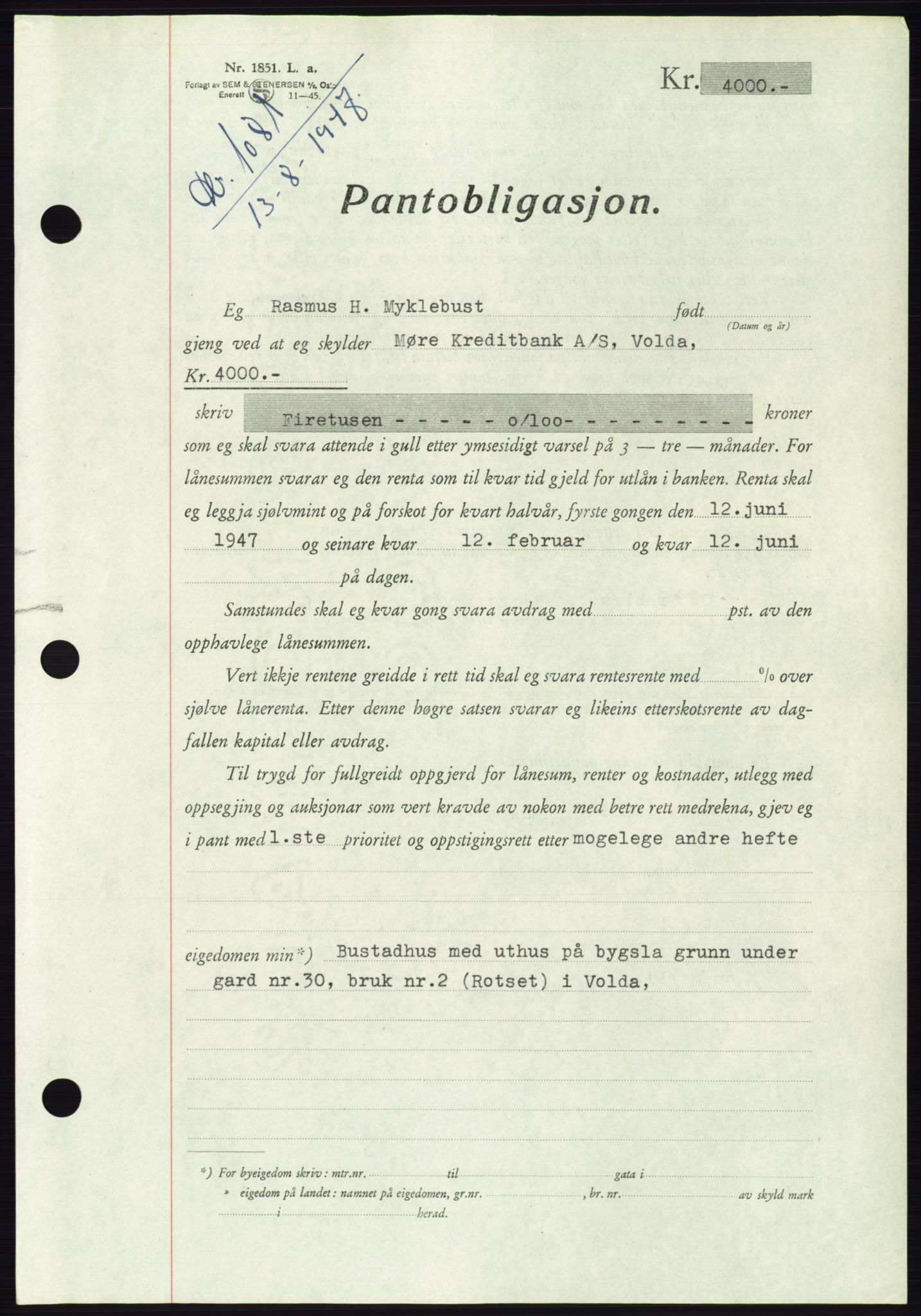 Søre Sunnmøre sorenskriveri, AV/SAT-A-4122/1/2/2C/L0115: Mortgage book no. 3B, 1947-1948, Diary no: : 1081/1947