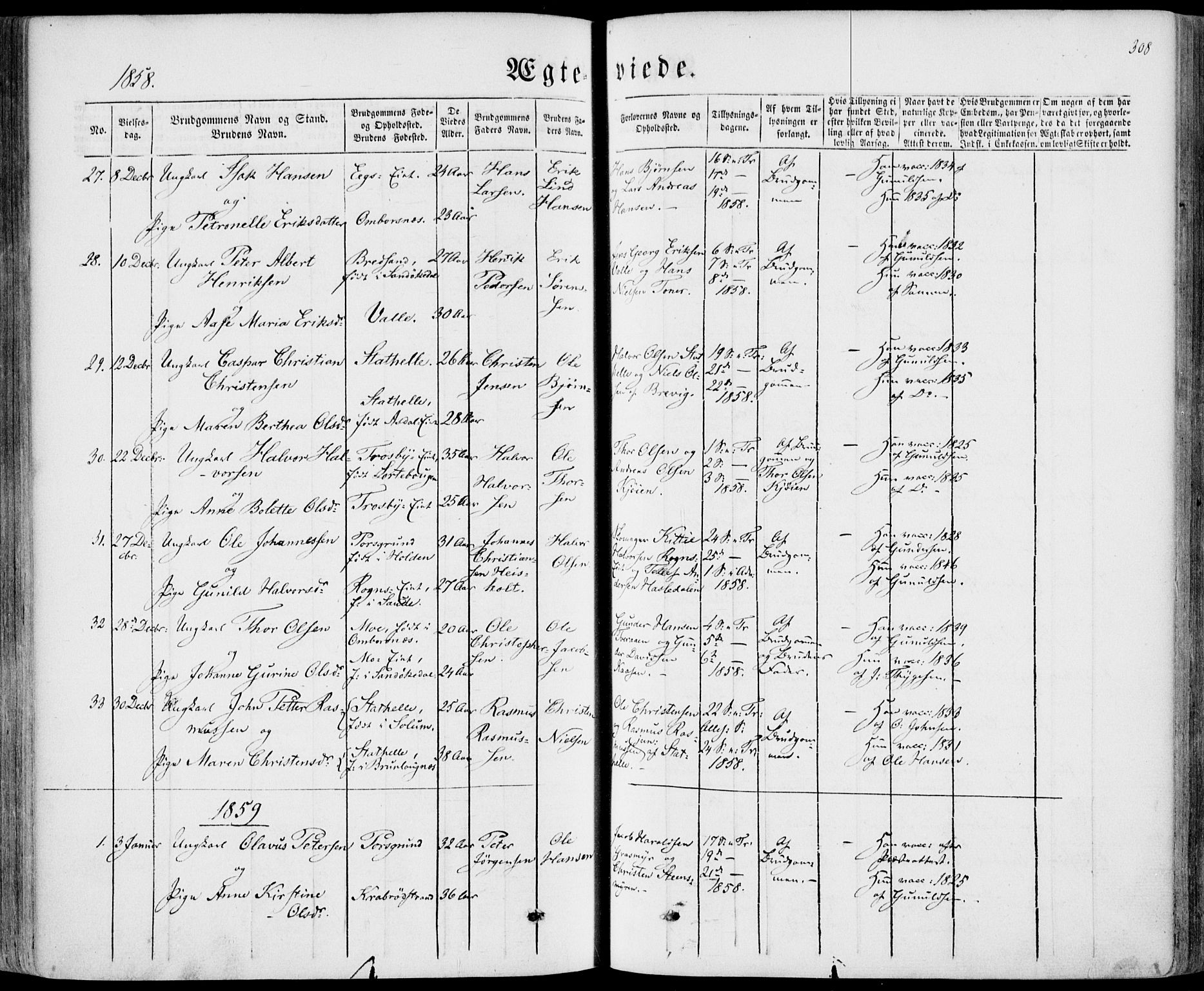 Bamble kirkebøker, SAKO/A-253/F/Fa/L0005: Parish register (official) no. I 5, 1854-1869, p. 308