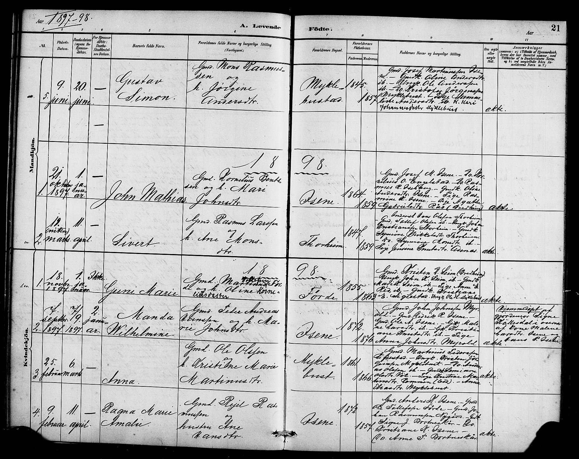 Davik sokneprestembete, SAB/A-79701/H/Haa/Haae/L0001: Parish register (official) no. E 1, 1882-1900, p. 21