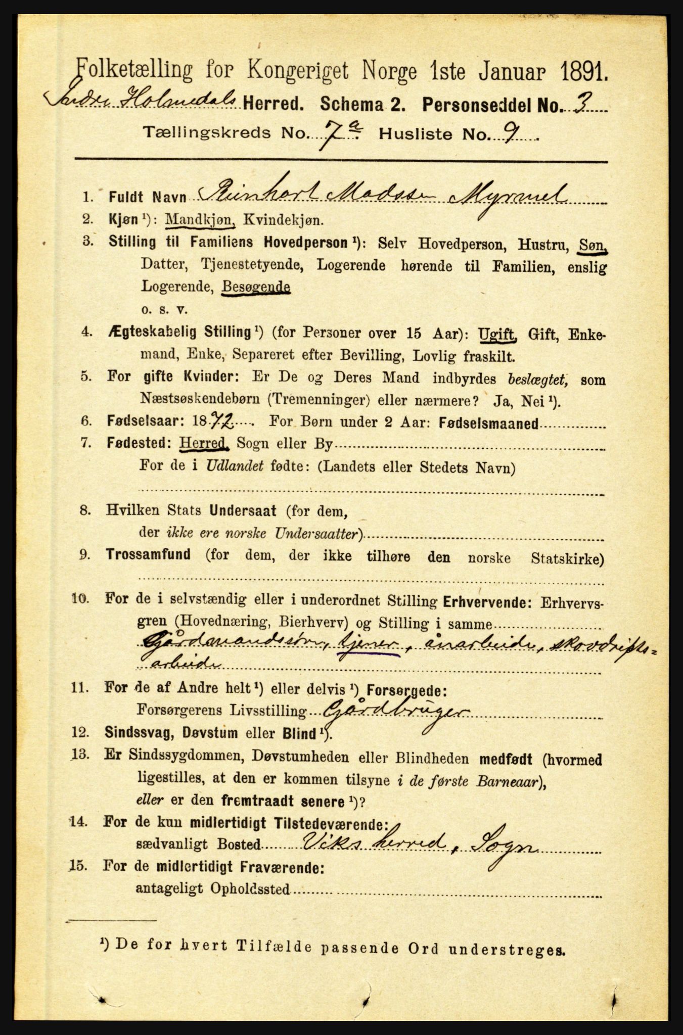 RA, 1891 census for 1430 Indre Holmedal, 1891, p. 2967