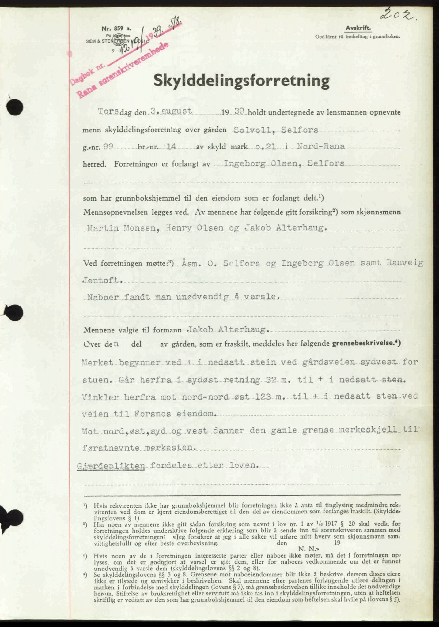 Rana sorenskriveri , SAT/A-1108/1/2/2C: Mortgage book no. A 6, 1939-1940, Diary no: : 1219/1939