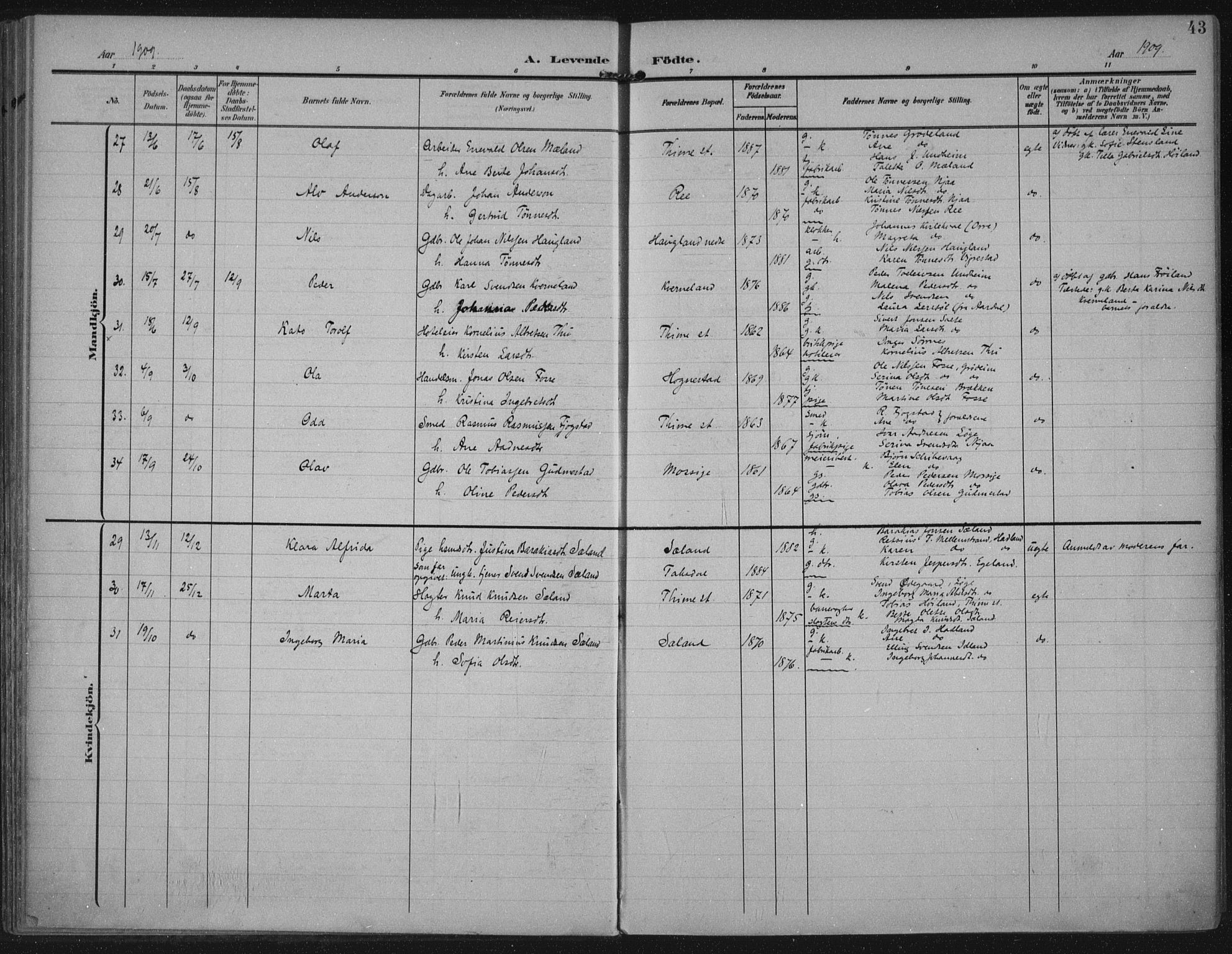 Lye sokneprestkontor, AV/SAST-A-101794/002/A/L0001: Parish register (official) no. A 12, 1904-1920, p. 43