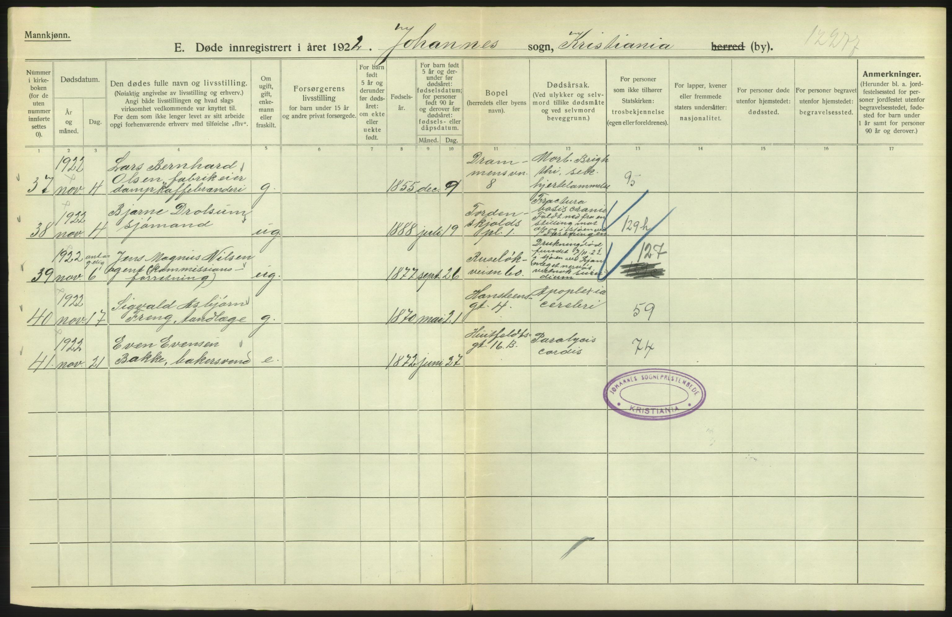 Statistisk sentralbyrå, Sosiodemografiske emner, Befolkning, AV/RA-S-2228/D/Df/Dfc/Dfcb/L0009: Kristiania: Døde, 1922, p. 140