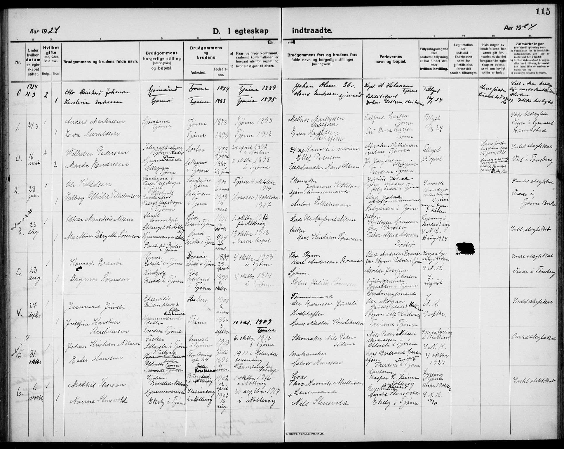 Tjøme kirkebøker, AV/SAKO-A-328/G/Ga/L0003: Parish register (copy) no. I 3, 1921-1935, p. 115