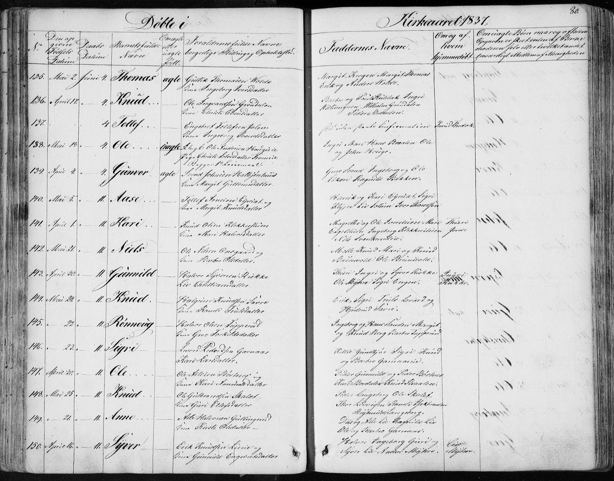 Nes kirkebøker, SAKO/A-236/F/Fa/L0009: Parish register (official) no. 9, 1834-1863, p. 80